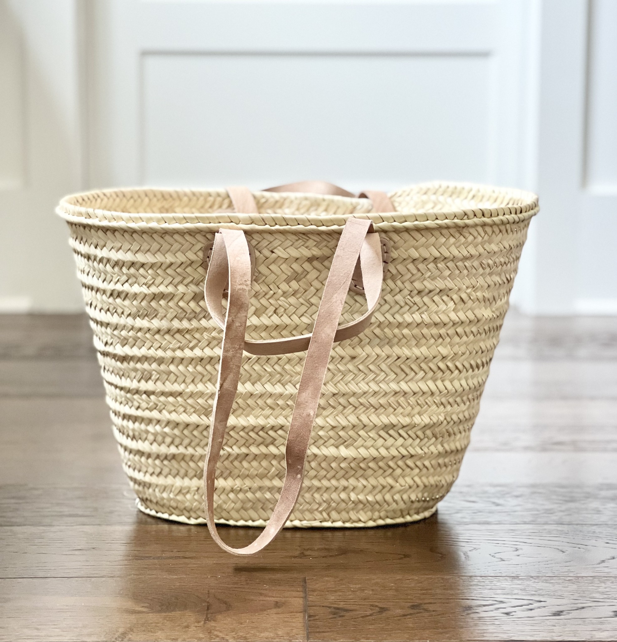 Large French Market Shopping Basket Woven Palm Leather Handles Chic Storage Bag 