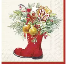 L1027160 Luncheon Napkin-Christmas Boots (cream)