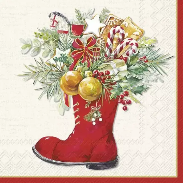 L1027160 Luncheon Napkin-Christmas Boots (cream)