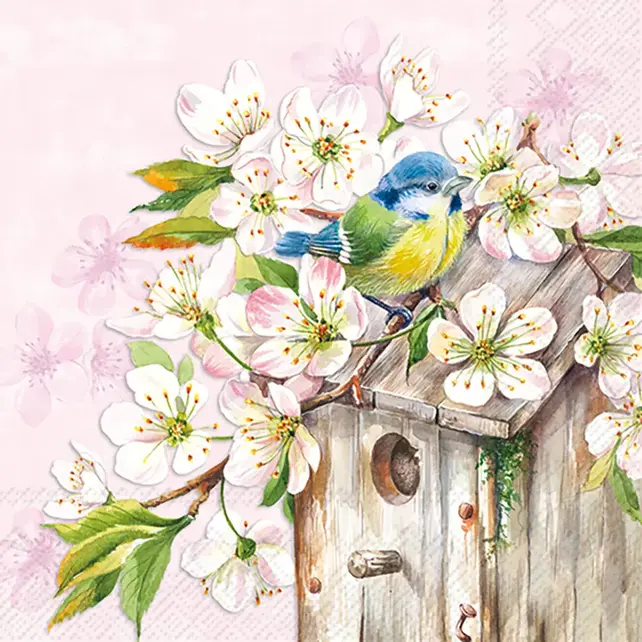 L1033850 Luncheon Napkin-Cherry Blossom Birdhouse