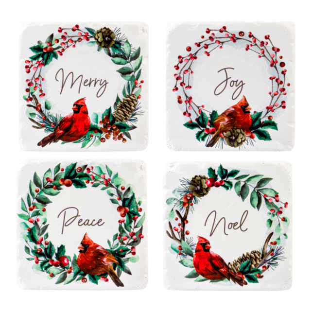 CX178898 Coaster Set/4-Cardinal in Wreath