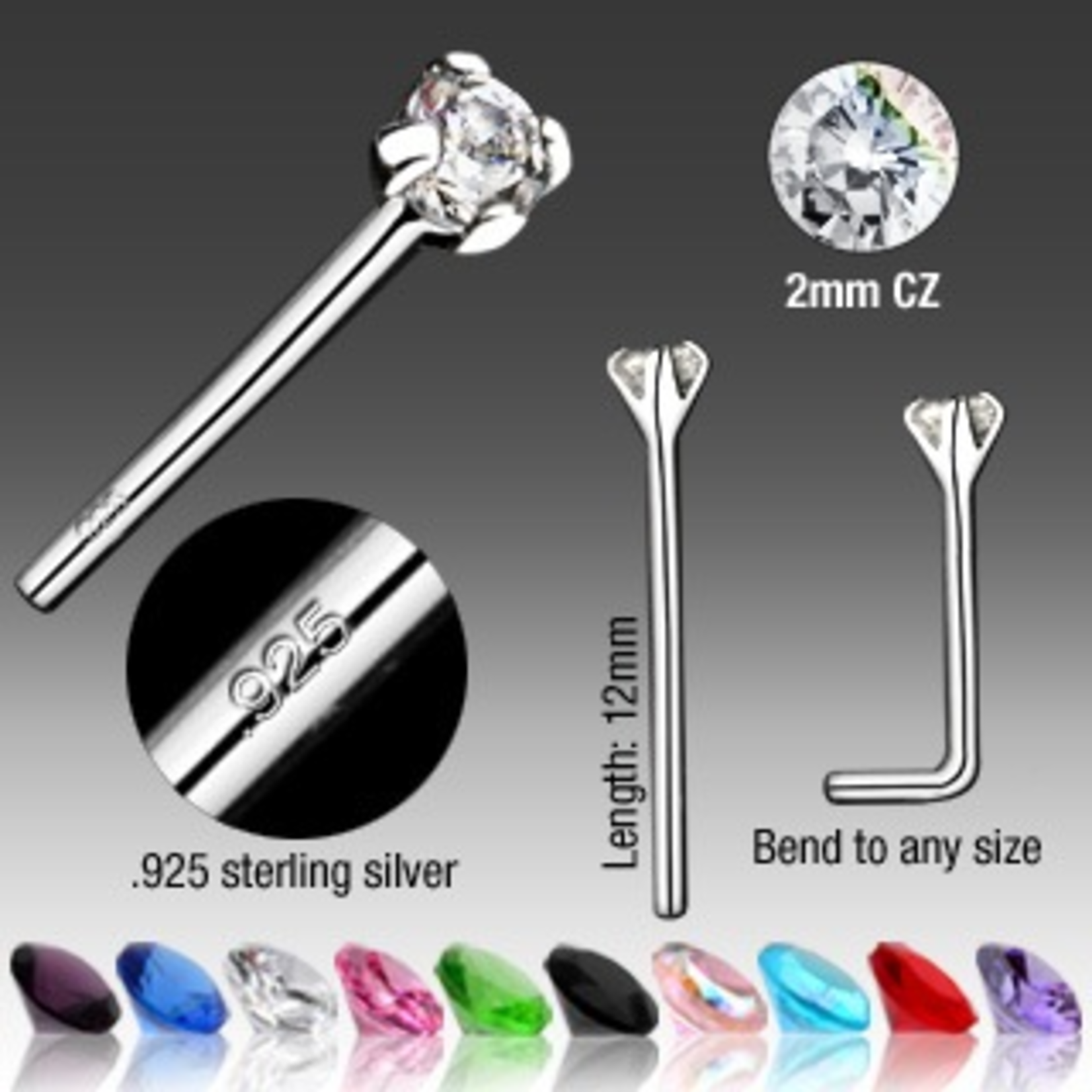 Hollywood Body Jewelry .925 SS Gem Prong Set CZ Nose Pin