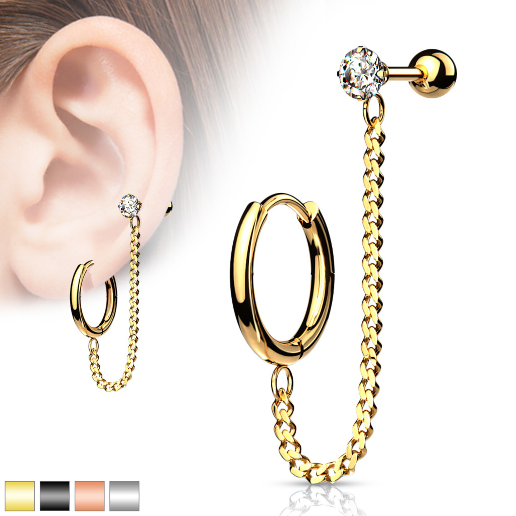 Hollywood Body Jewelry Round Clicker Hoop Earring and Chain Linked Cartilage Barbell