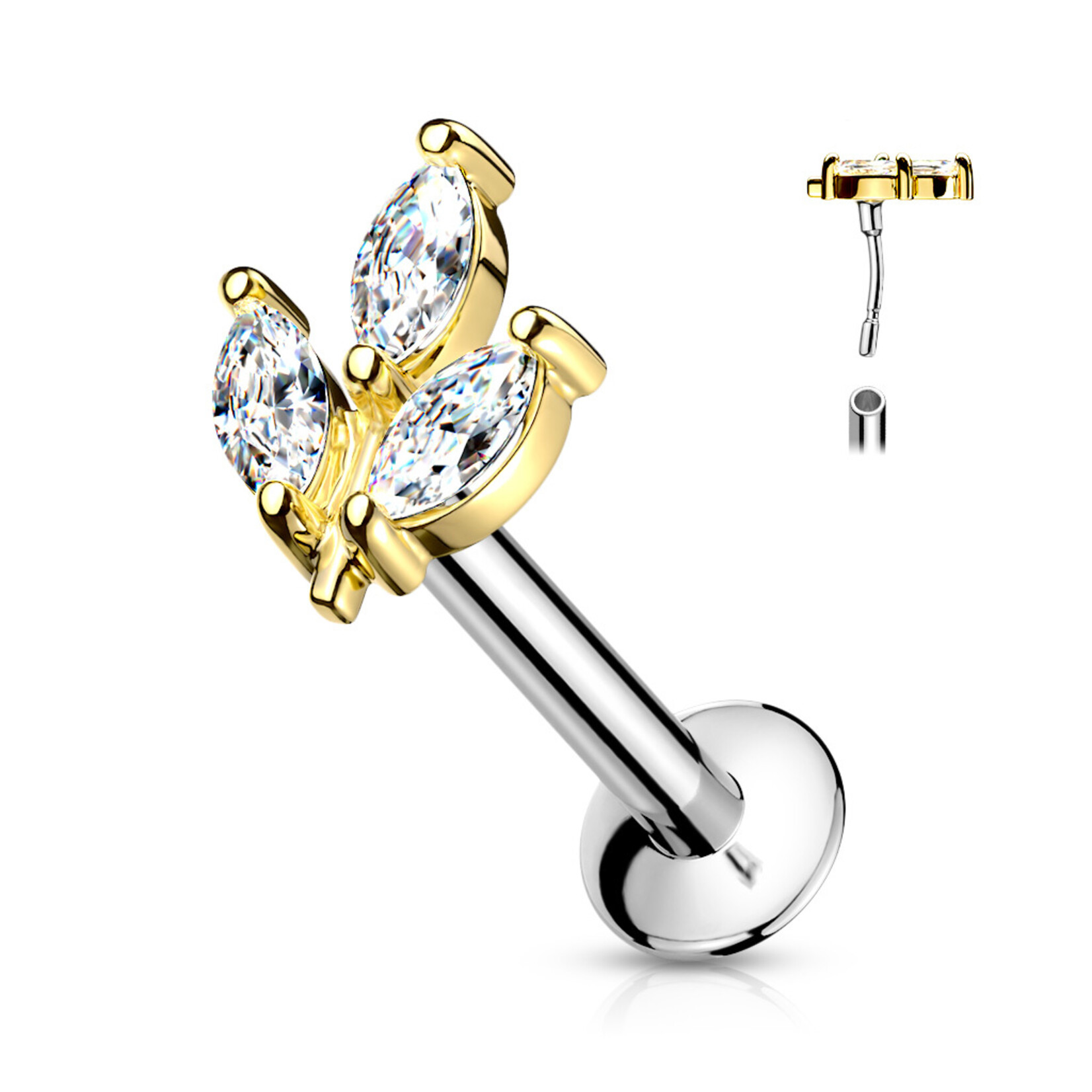 Hollywood Body Jewelry 3 Marquise Gem Labret Studs