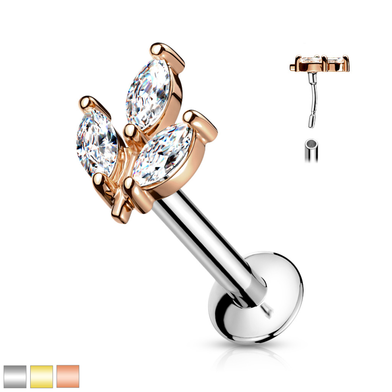 Hollywood Body Jewelry 3 Marquise Gem Labret Studs
