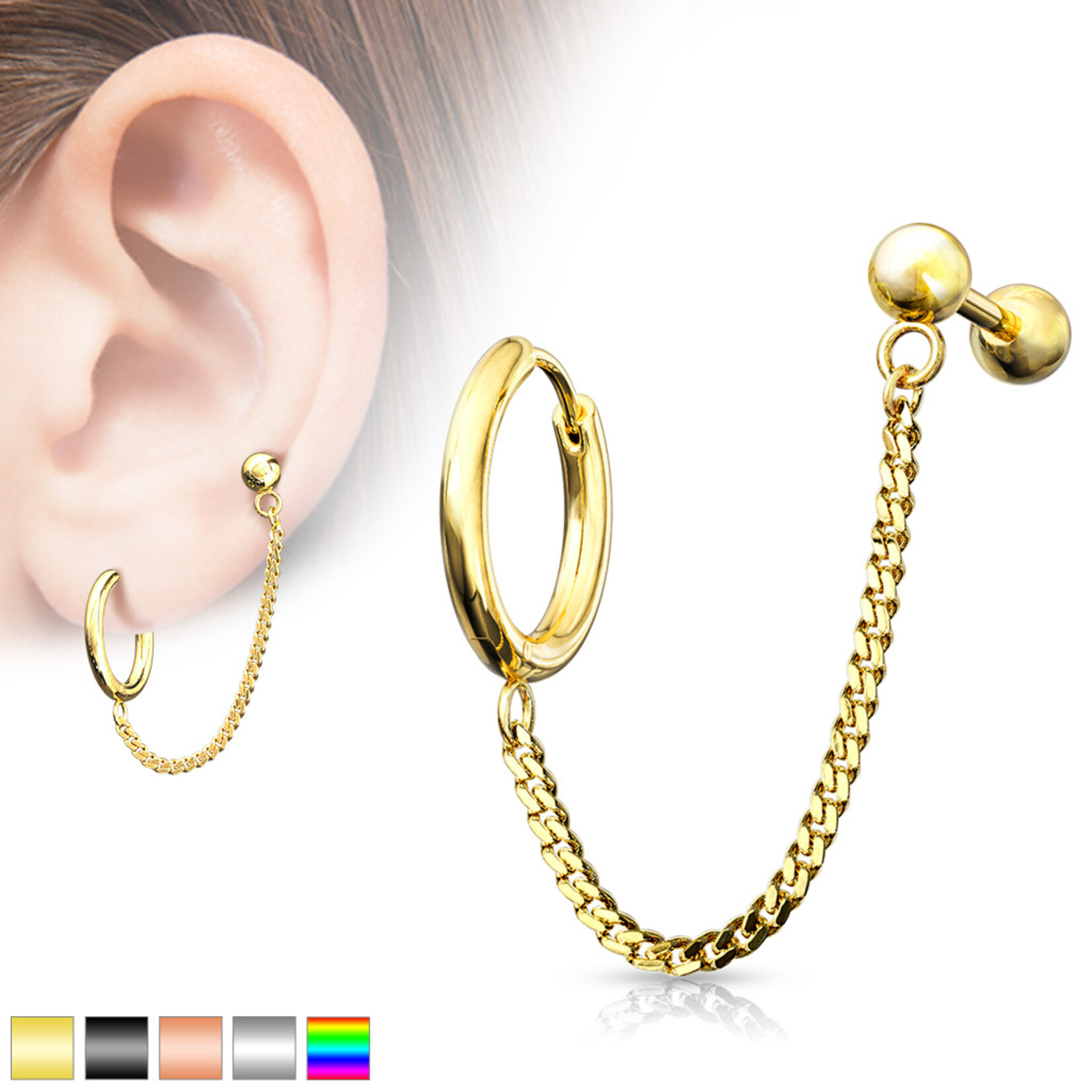 Hollywood Body Jewelry Round Clicker Hoop Earring and Chain Linked Cartilage Barbell