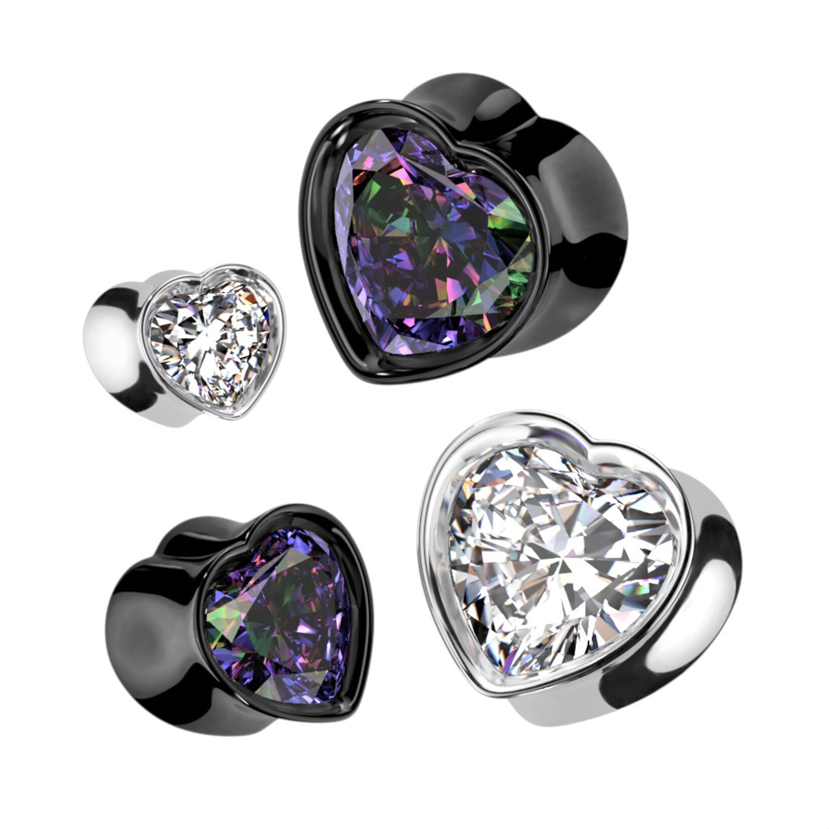 Hollywood Body Jewelry Double Flared Gem Heart Tunnel Plug Pair