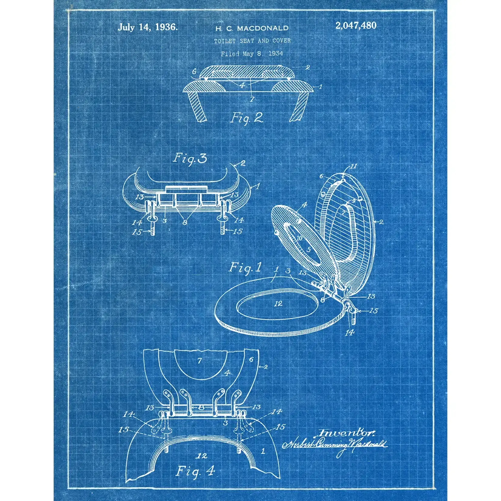 Fresh Prints of CT FP-PAP-000024-PRCH Toilet Seat 1836 Patent Art Print - Bathroom - Parchment, 8" x 10"