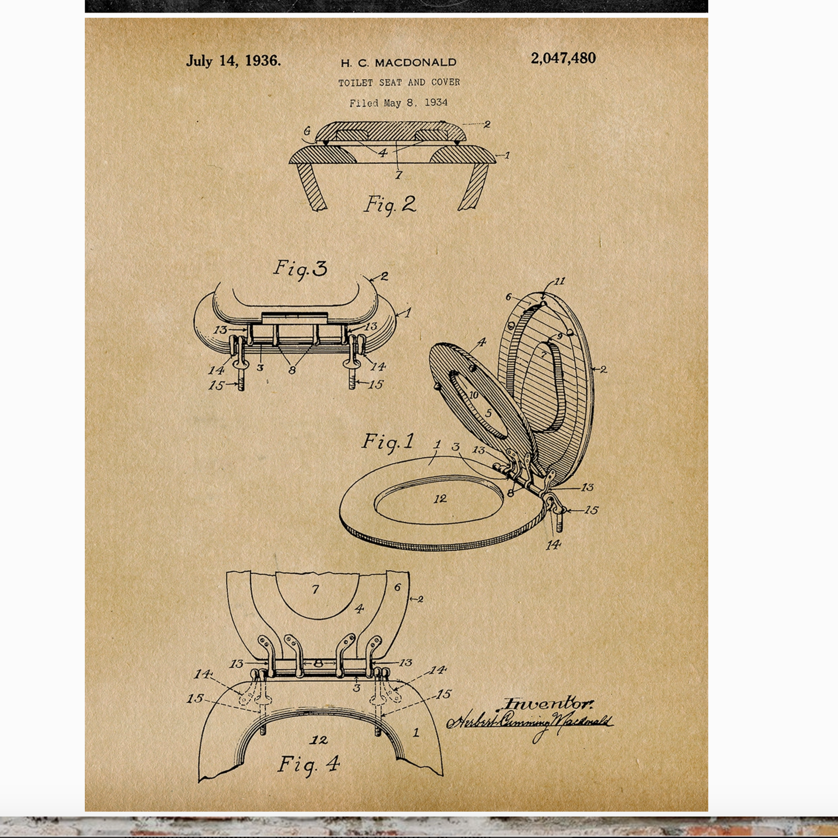 Fresh Prints of CT FP-PAP-000024-PRCH Toilet Seat 1836 Patent Art Print - Bathroom - Parchment, 8" x 10"