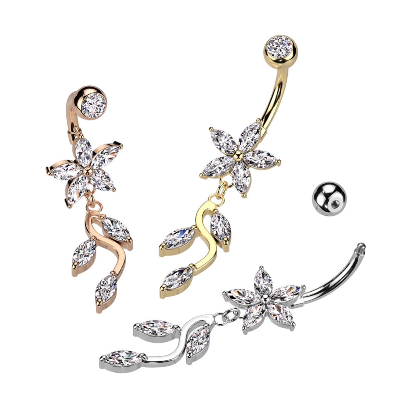 Hollywood Body Jewelry Surgical Steel 5 Marquise CZ Flower With Vine Dangle Navel Ring