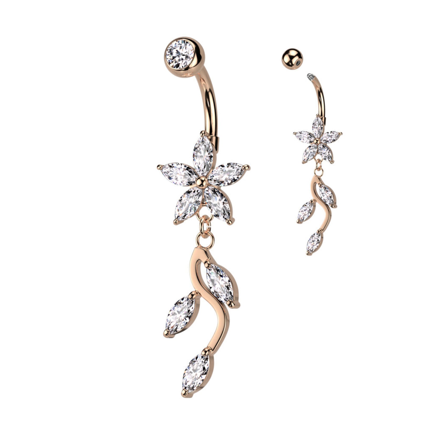 Hollywood Body Jewelry Surgical Steel 5 Marquise CZ Flower With Vine Dangle Navel Ring