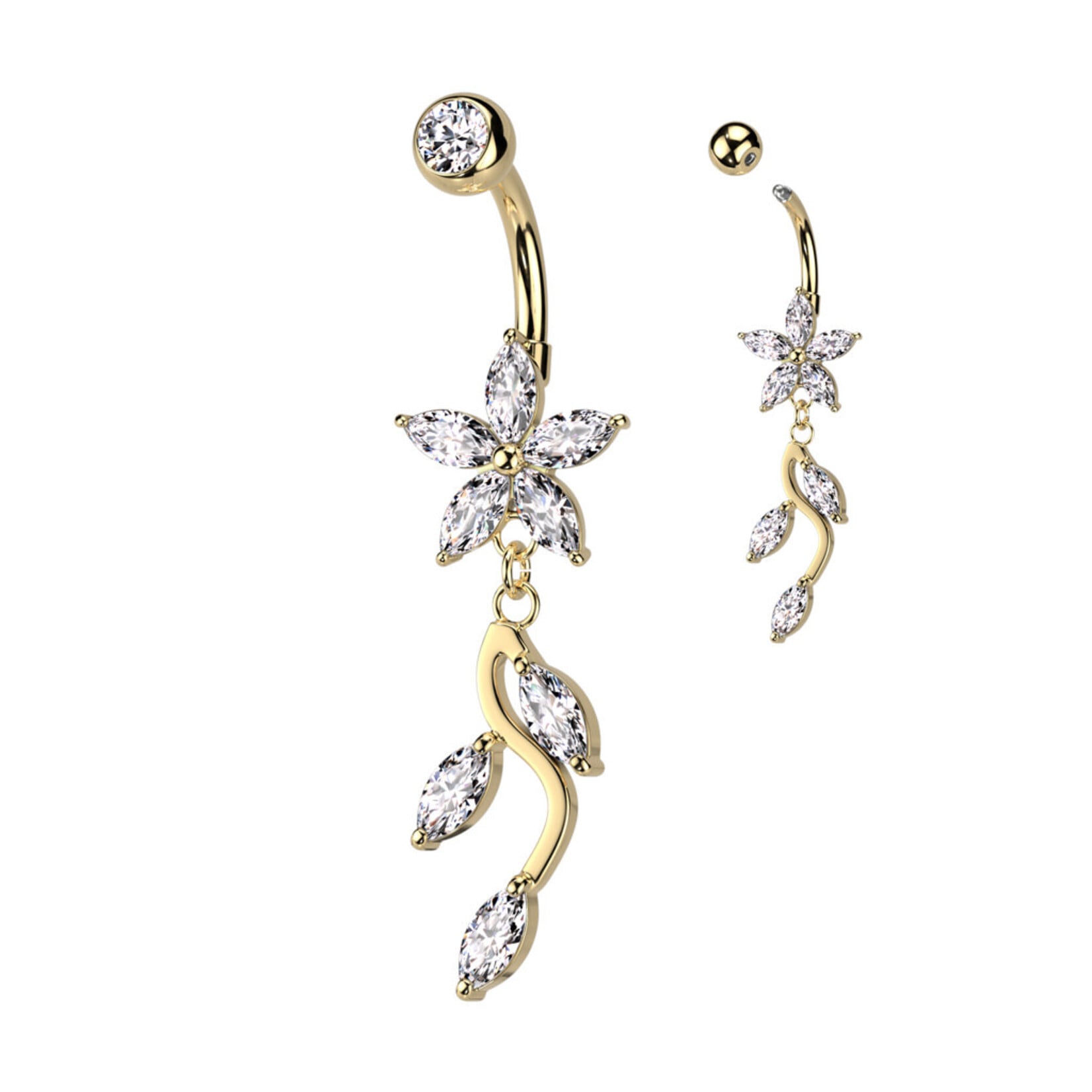 Hollywood Body Jewelry Surgical Steel 5 Marquise CZ Flower With Vine Dangle Navel Ring