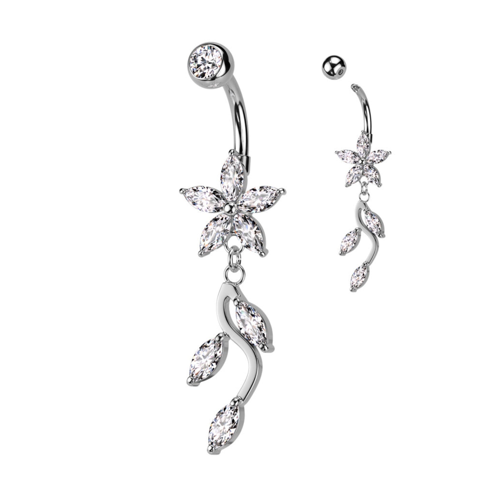 Hollywood Body Jewelry Surgical Steel 5 Marquise CZ Flower With Vine Dangle Navel Ring