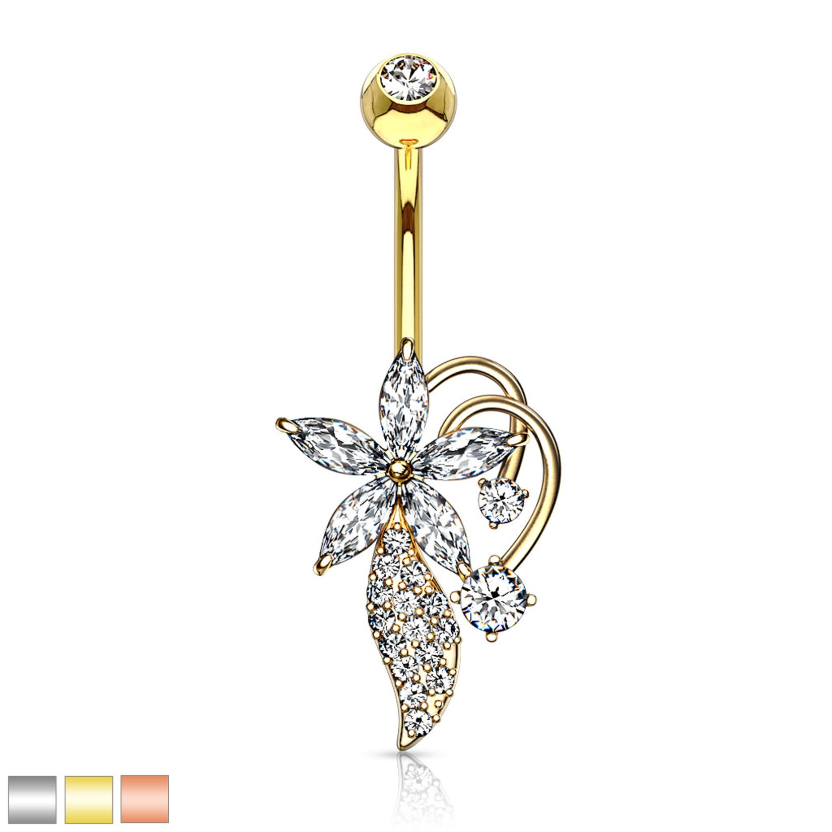 Hollywood Body Jewelry Surgical Steel Five Marquise CZ Flower CZ Cluster Stem Bouquet Belly Button Ring