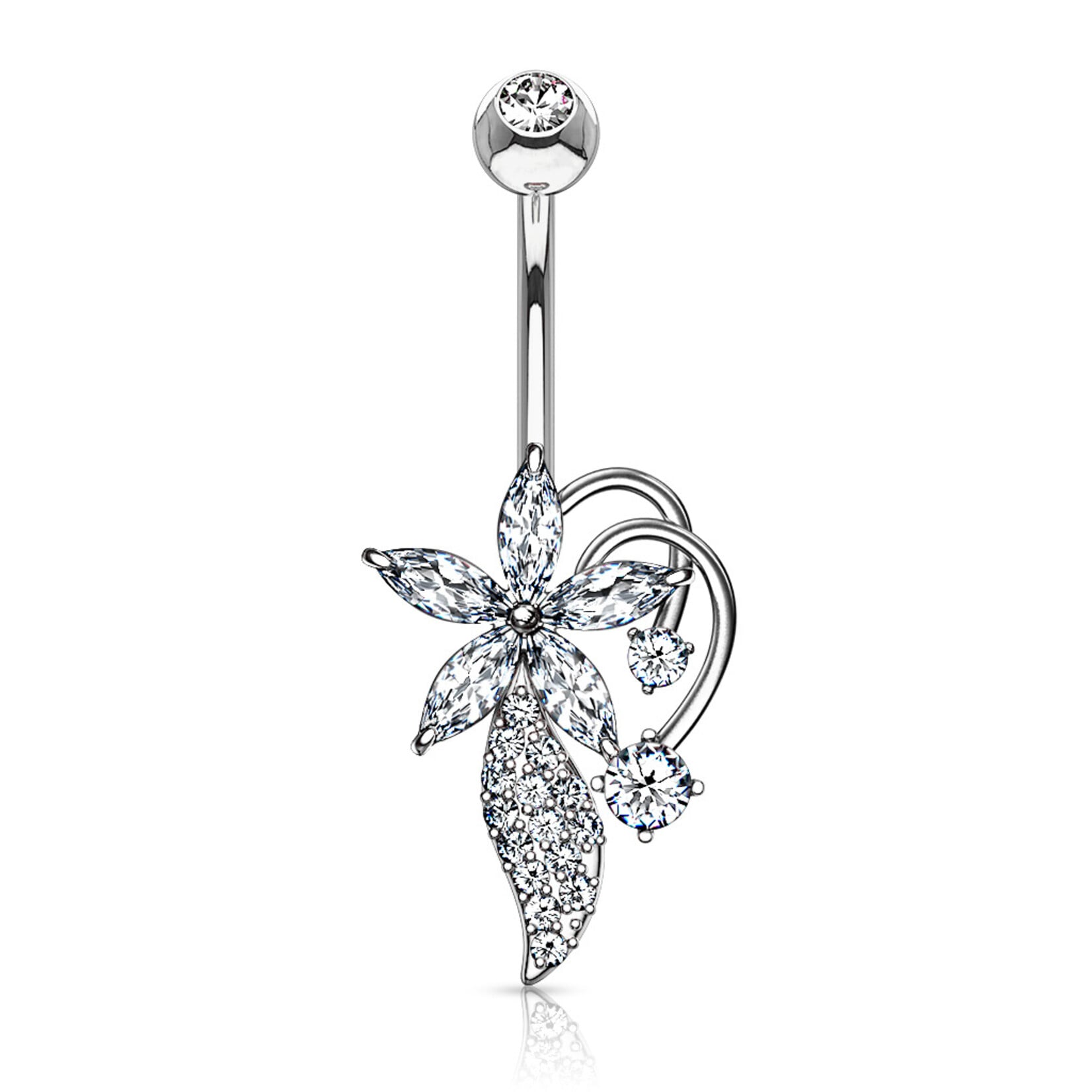 Hollywood Body Jewelry Surgical Steel Five Marquise CZ Flower CZ Cluster Stem Bouquet Belly Button Ring