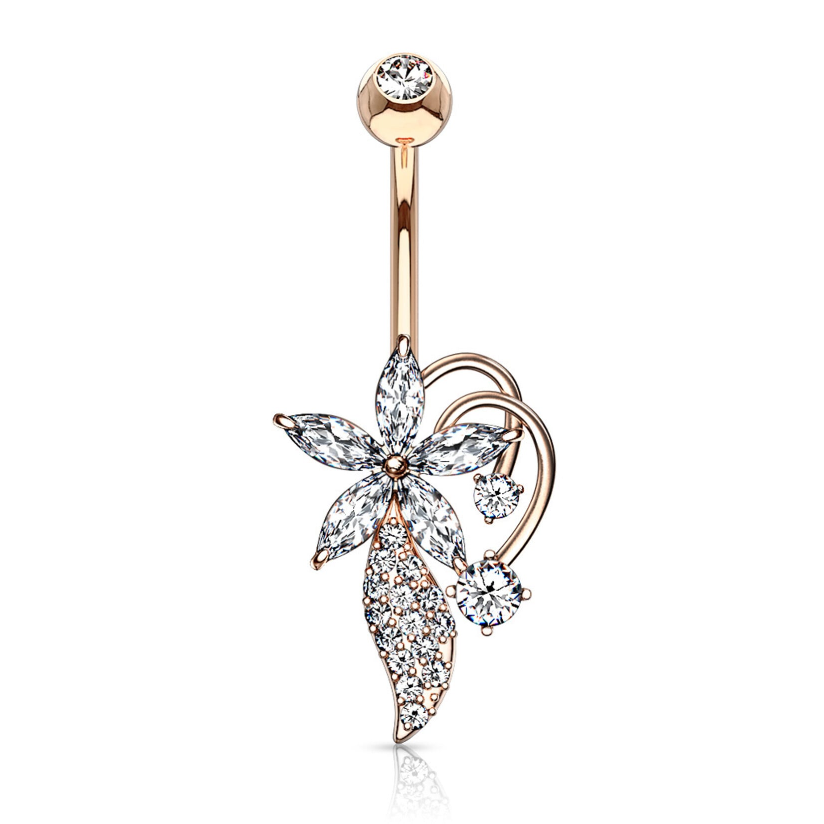 Hollywood Body Jewelry Surgical Steel Five Marquise CZ Flower CZ Cluster Stem Bouquet Belly Button Ring
