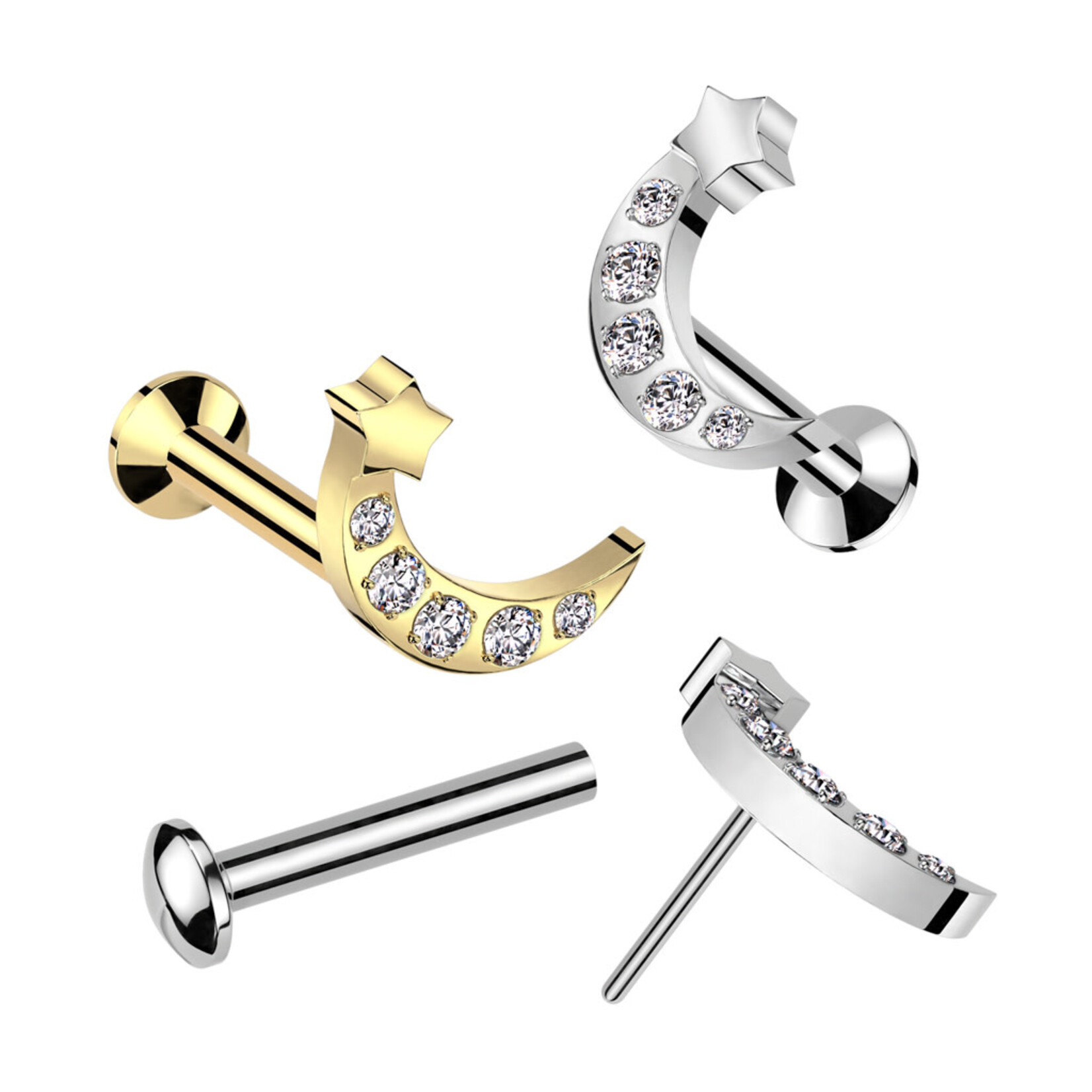Hollywood Body Jewelry Surgical Steel Threadless Push In Labret With CZ Moon & Star Top