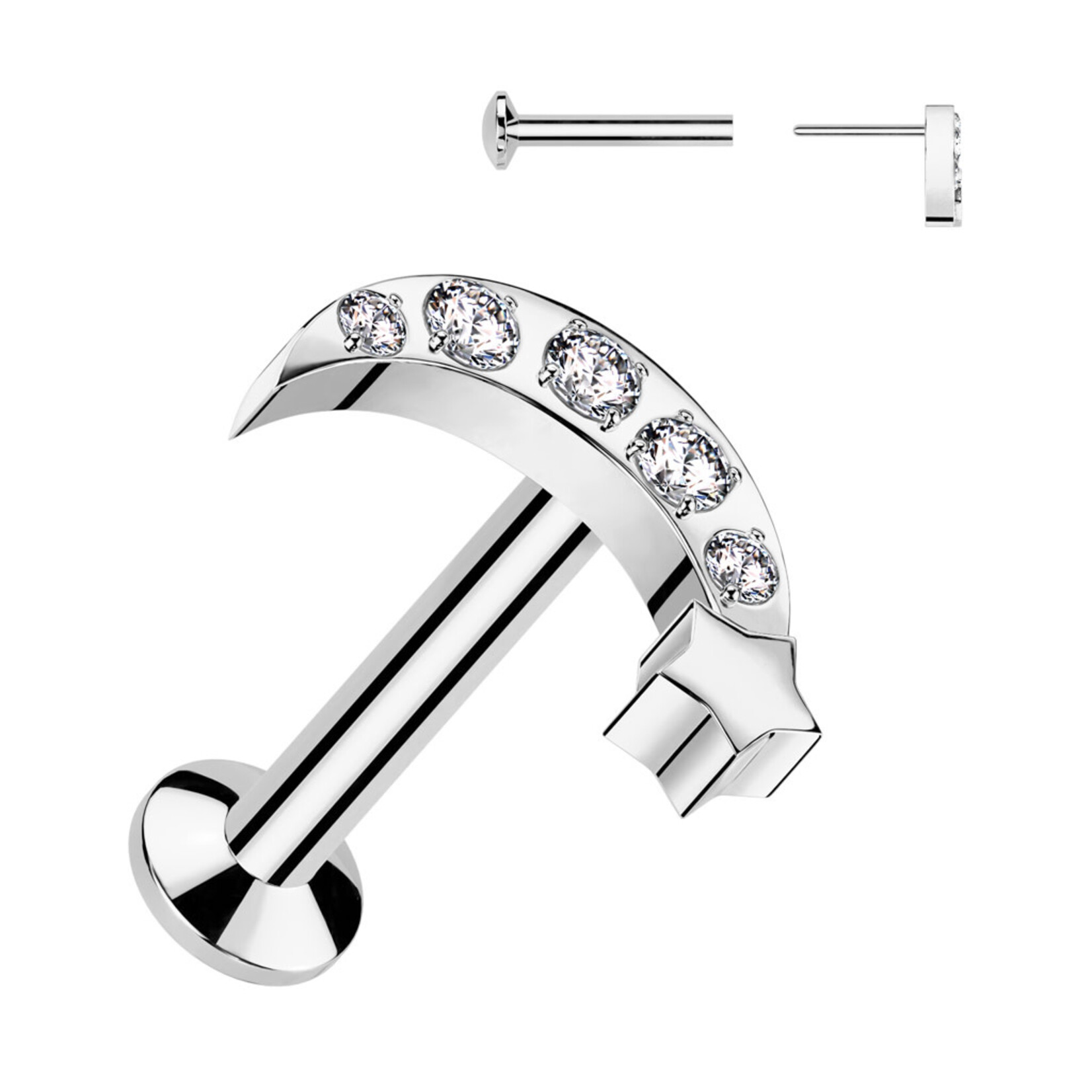 Hollywood Body Jewelry Surgical Steel Threadless Push In Labret With CZ Moon & Star Top