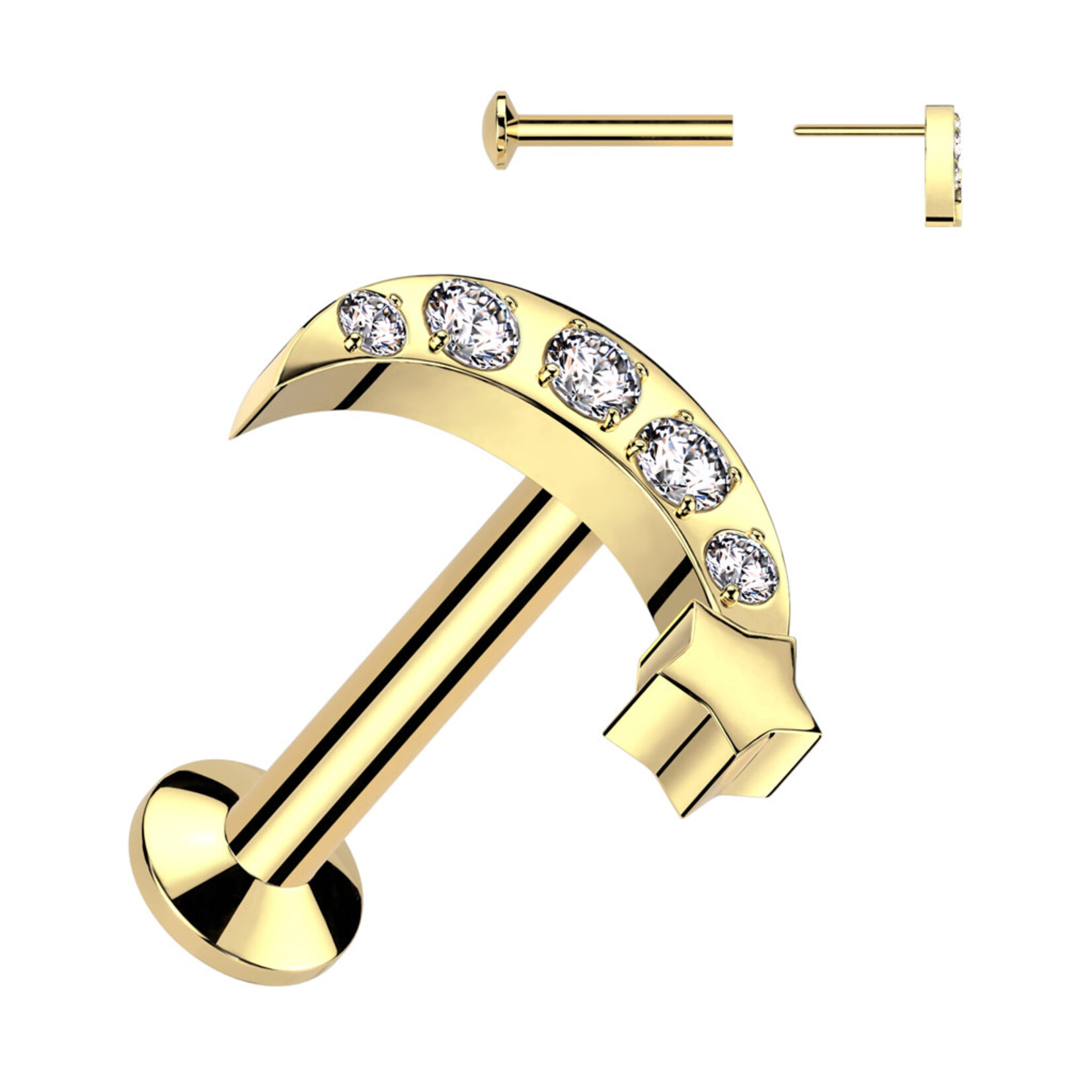 Hollywood Body Jewelry Surgical Steel Threadless Push In Labret With CZ Moon & Star Top