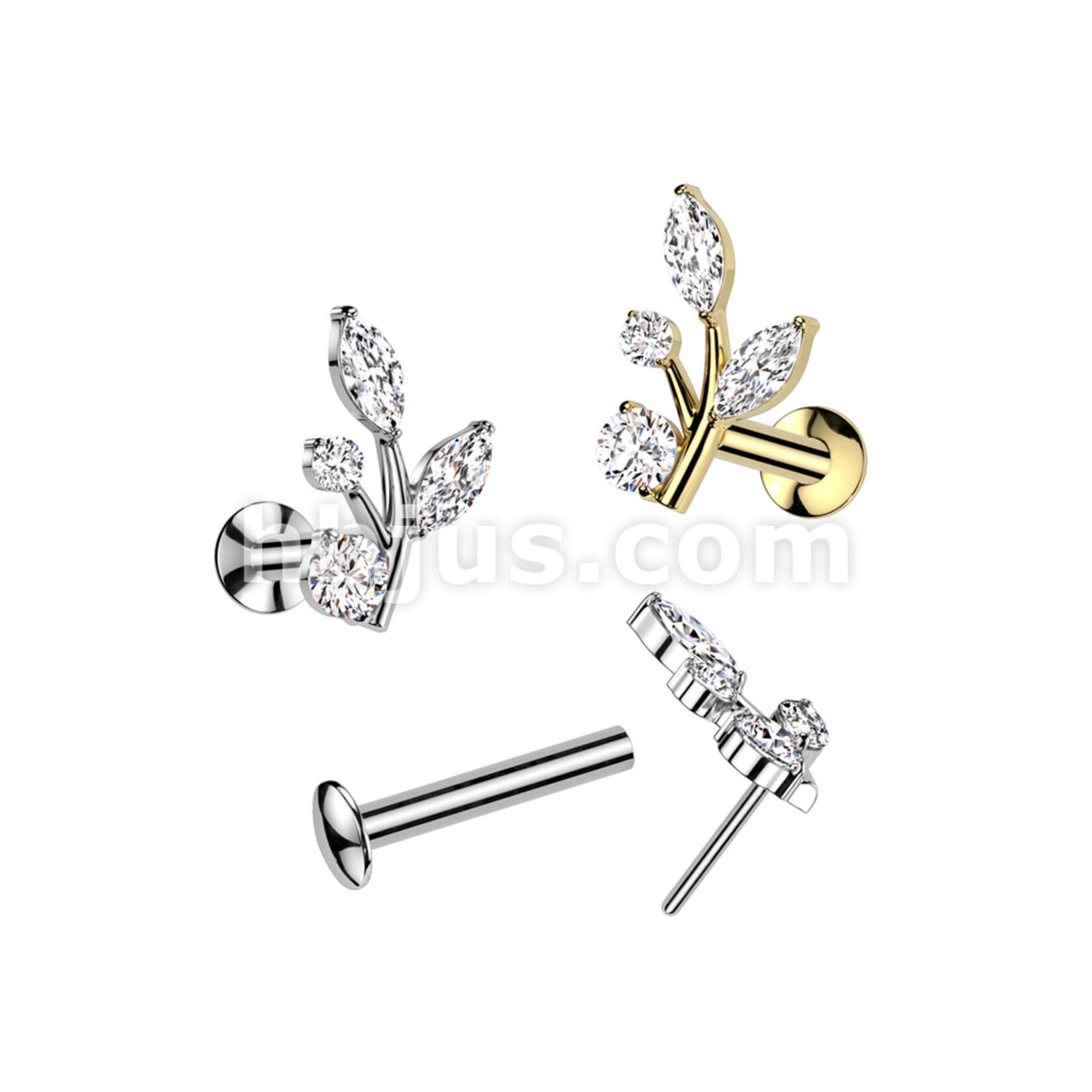 Hollywood Body Jewelry Surgical Steel Threadless Push In Flat Back Stud With  Marquise and Round CZ Vine Top