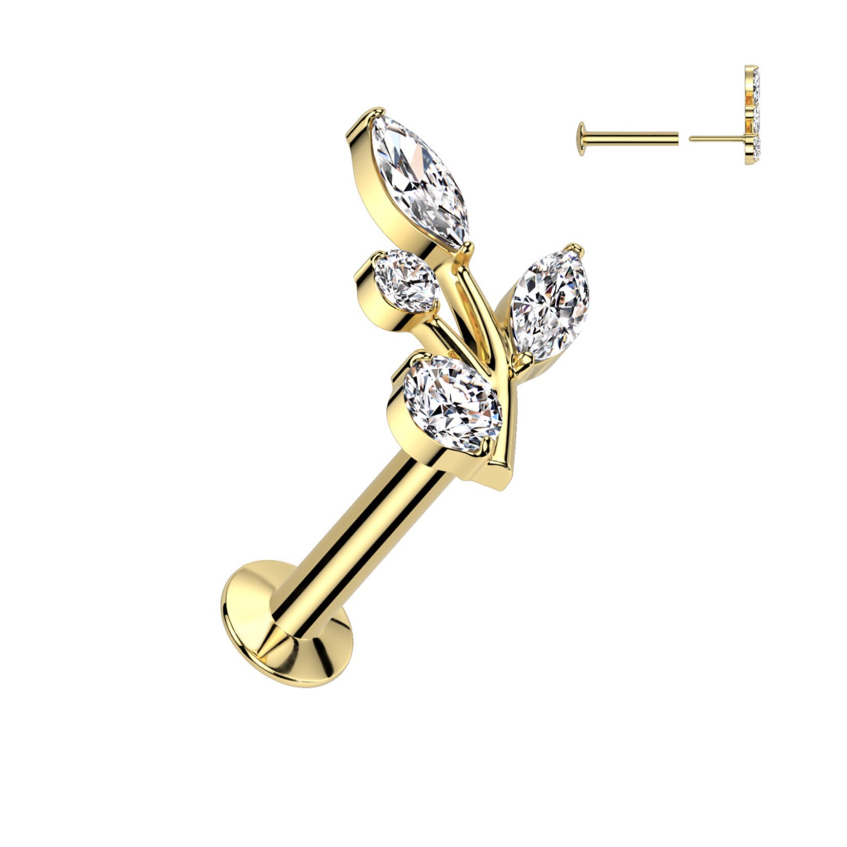 Hollywood Body Jewelry Surgical Steel Threadless Push In Flat Back Stud With  Marquise and Round CZ Vine Top