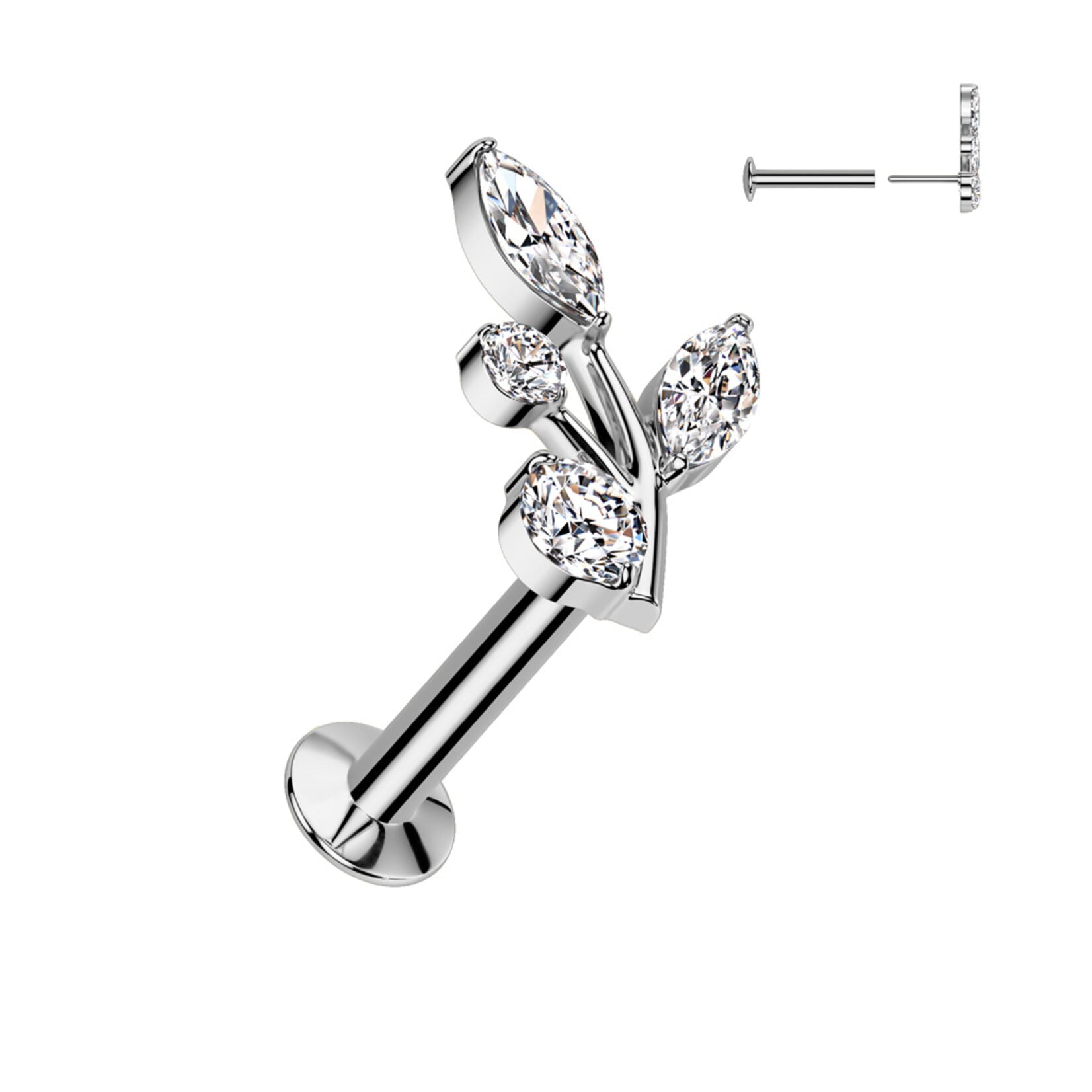Hollywood Body Jewelry Surgical Steel Threadless Push In Flat Back Stud With  Marquise and Round CZ Vine Top