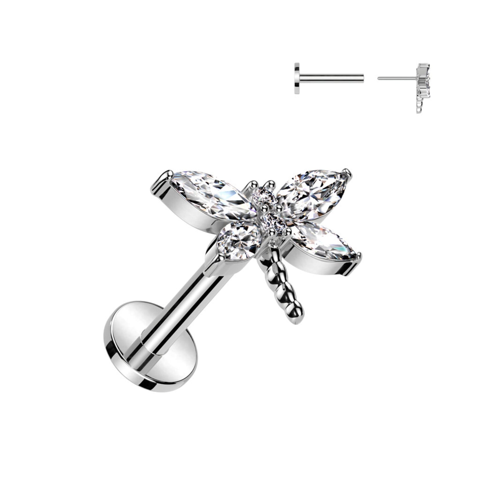 Hollywood Body Jewelry Surgical Steel Threadless Push In Labret With CZ Dragonfly Top