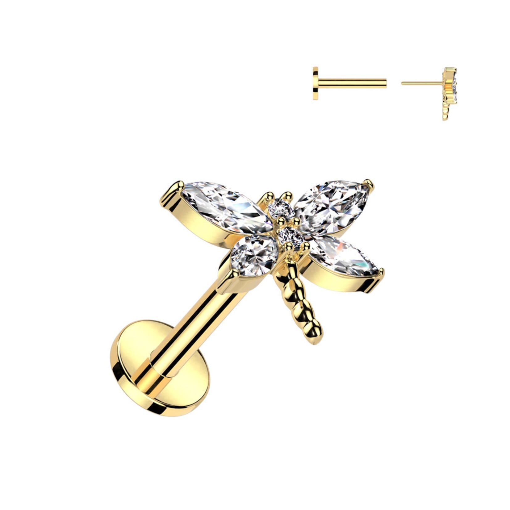 Hollywood Body Jewelry Surgical Steel Threadless Push In Labret With CZ Dragonfly Top