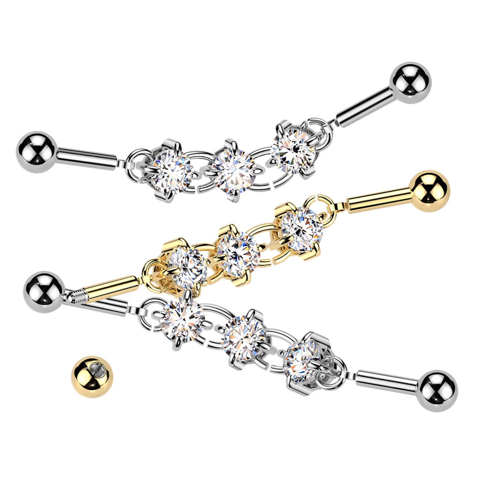 Hollywood Body Jewelry Industrial Barbell With Centered 3 Round Prong Set CZ Connector Chain