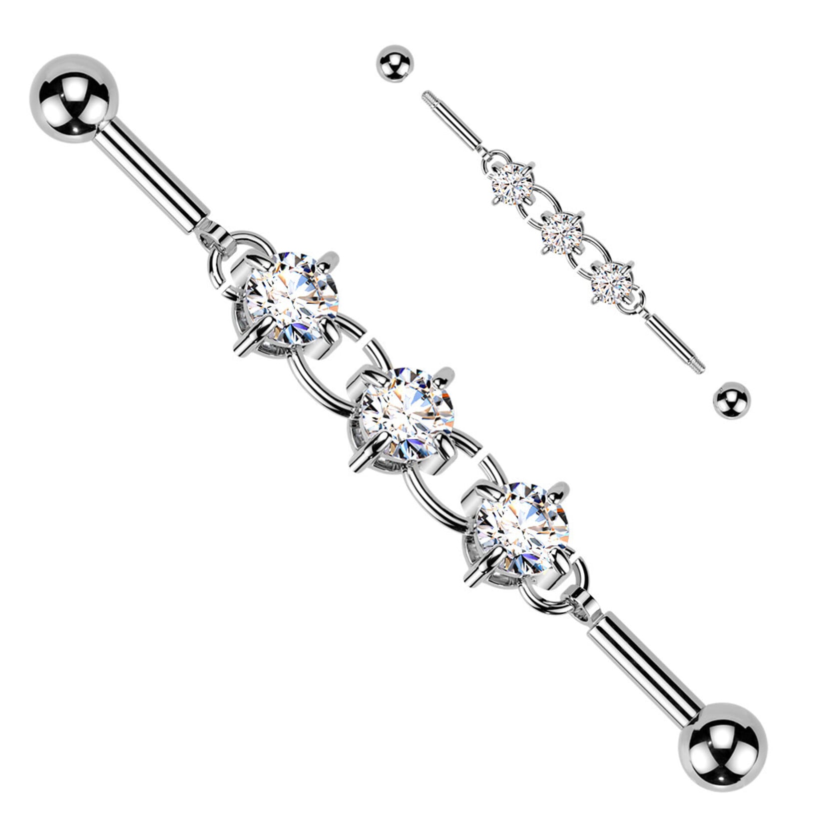 Hollywood Body Jewelry Industrial Barbell With Centered 3 Round Prong Set CZ Connector Chain