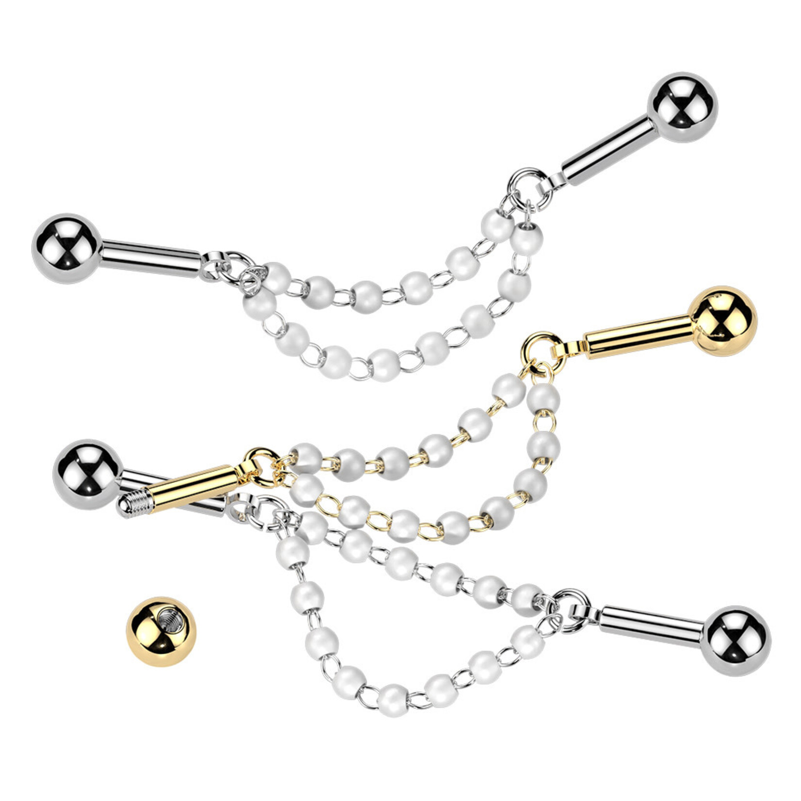 Hollywood Body Jewelry Centered Double Connector Chain Industrial Barbell With Pearls