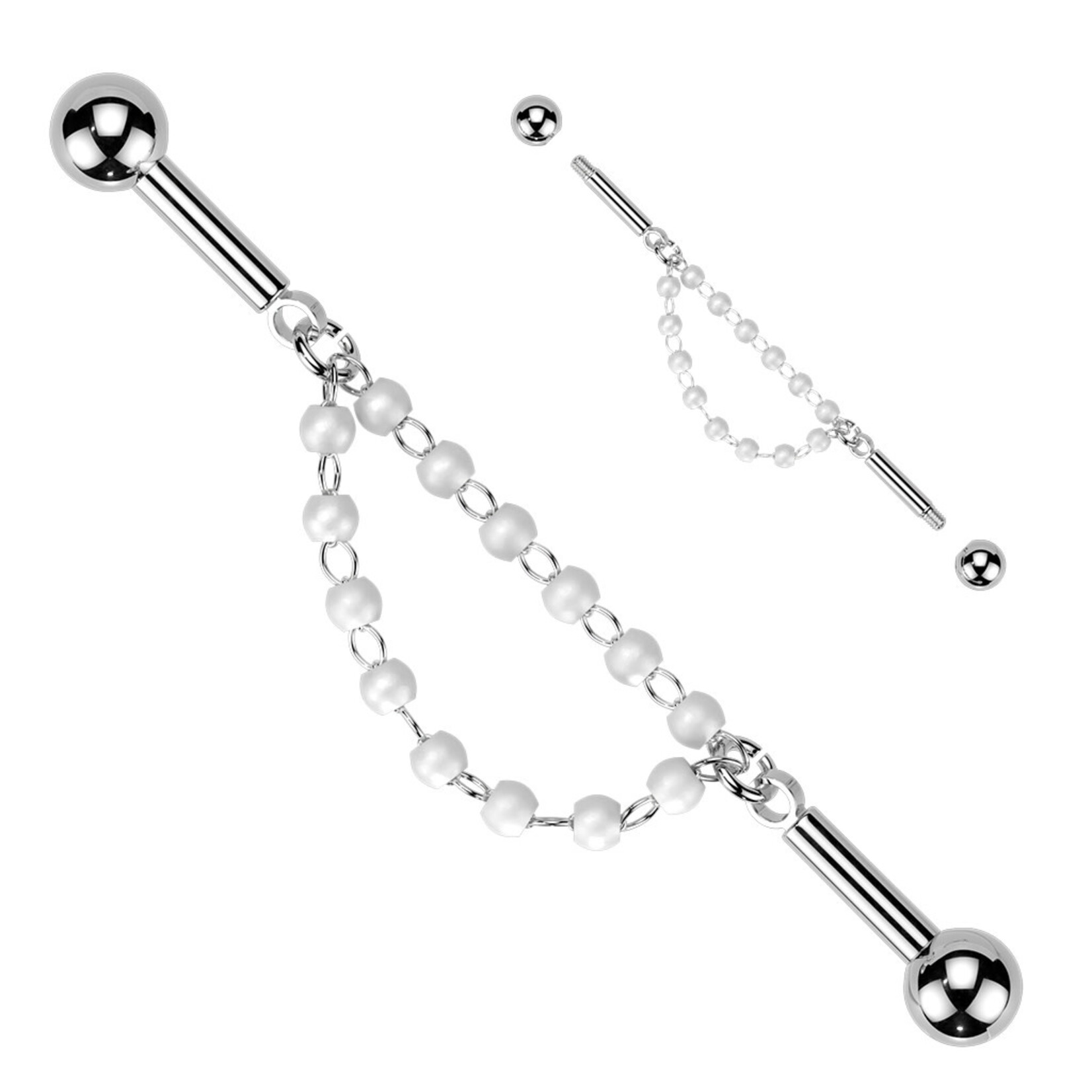 Hollywood Body Jewelry Centered Double Connector Chain Industrial Barbell With Pearls