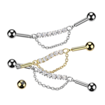 Hollywood Body Jewelry Industrial Barbell With Centered 6 Crystal Connector and Dangle Chain