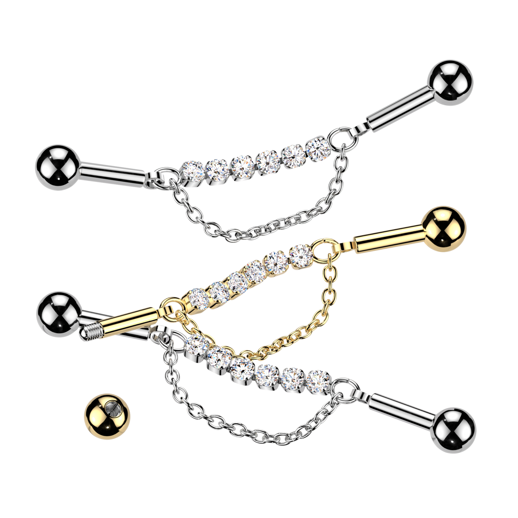 Hollywood Body Jewelry Industrial Barbell With Centered 6 Crystal Connector and Dangle Chain