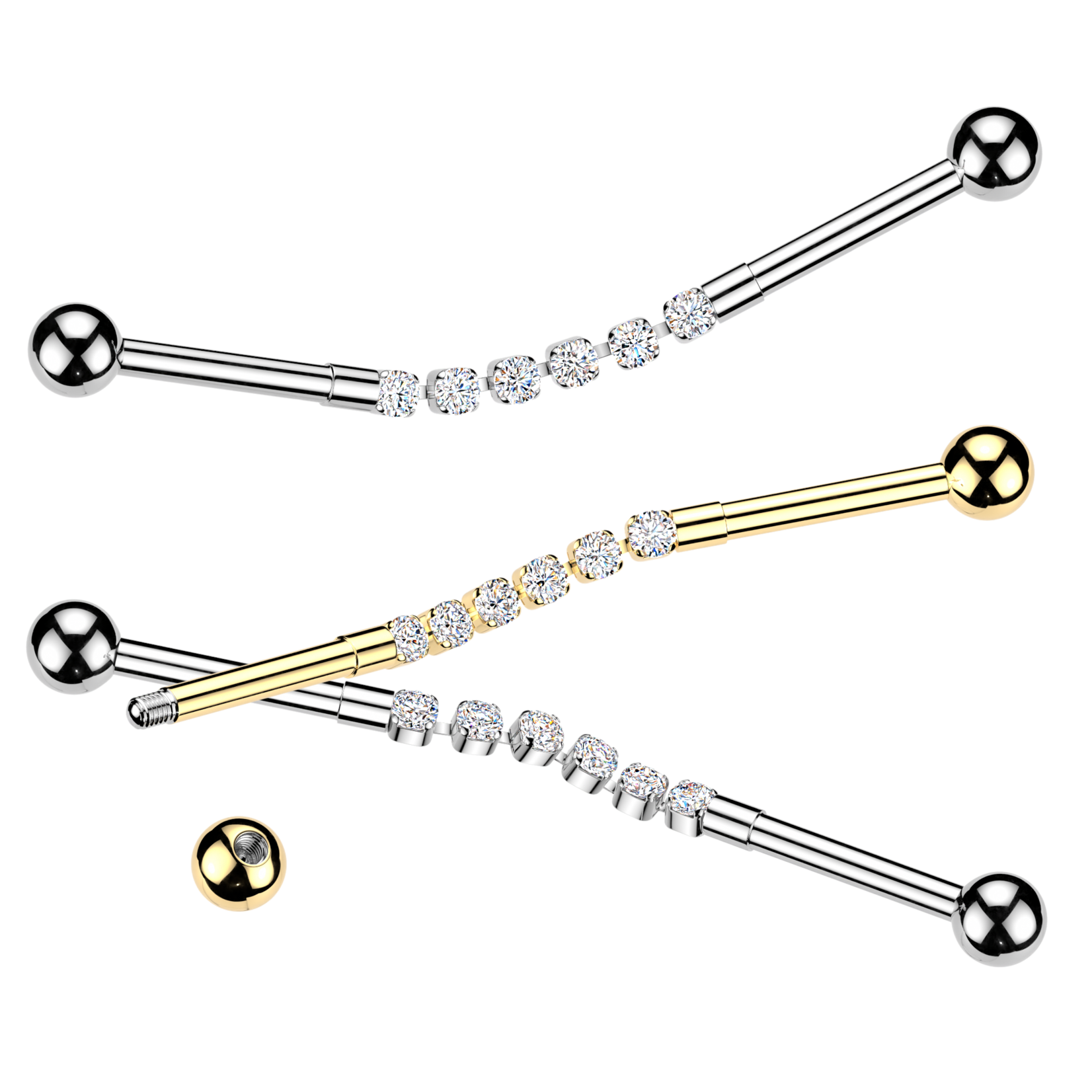 Hollywood Body Jewelry Industrial Barbell With Centered 6 Round CZ Connector Chain