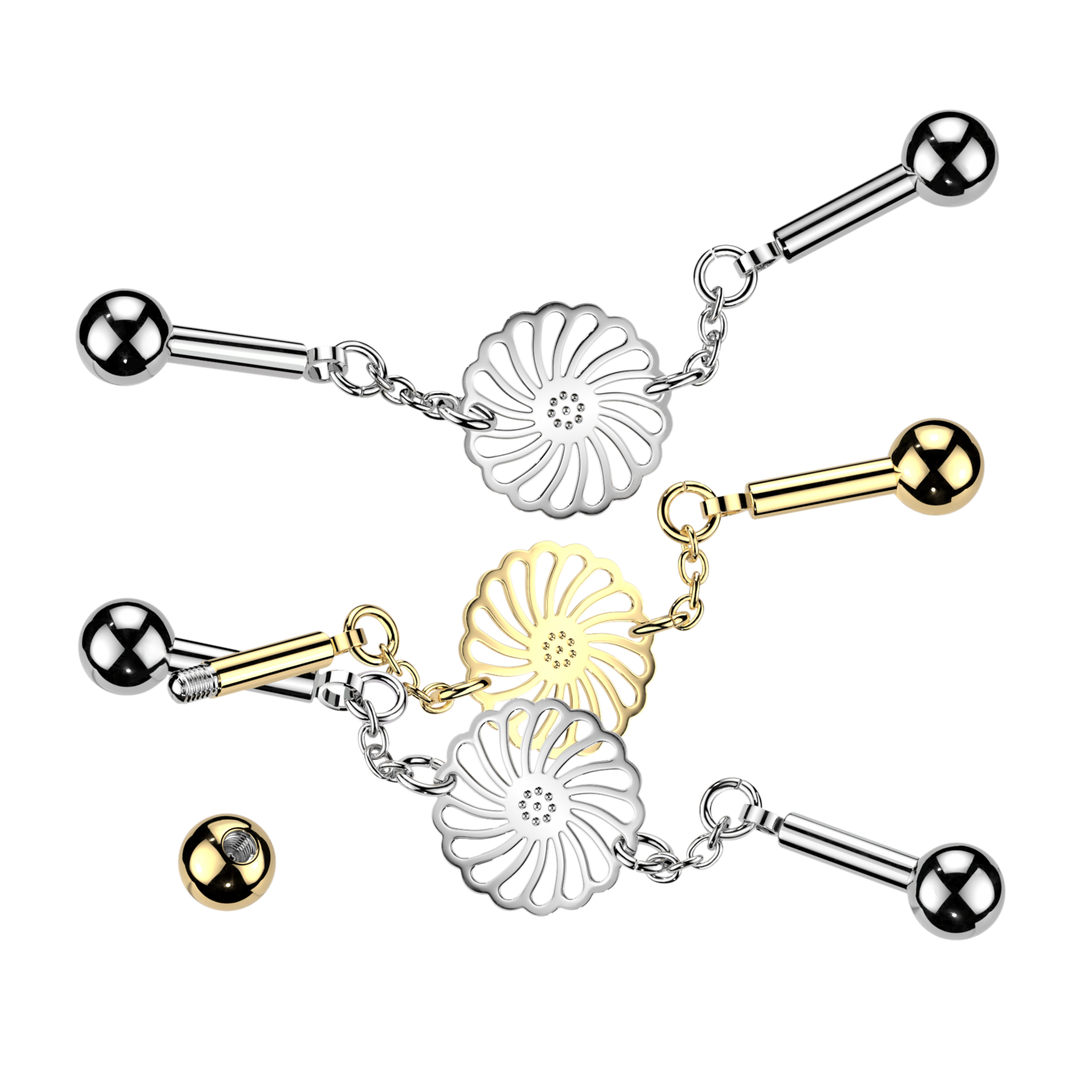 Hollywood Body Jewelry Industrial Barbell With Centered Sunflower Connector Chain