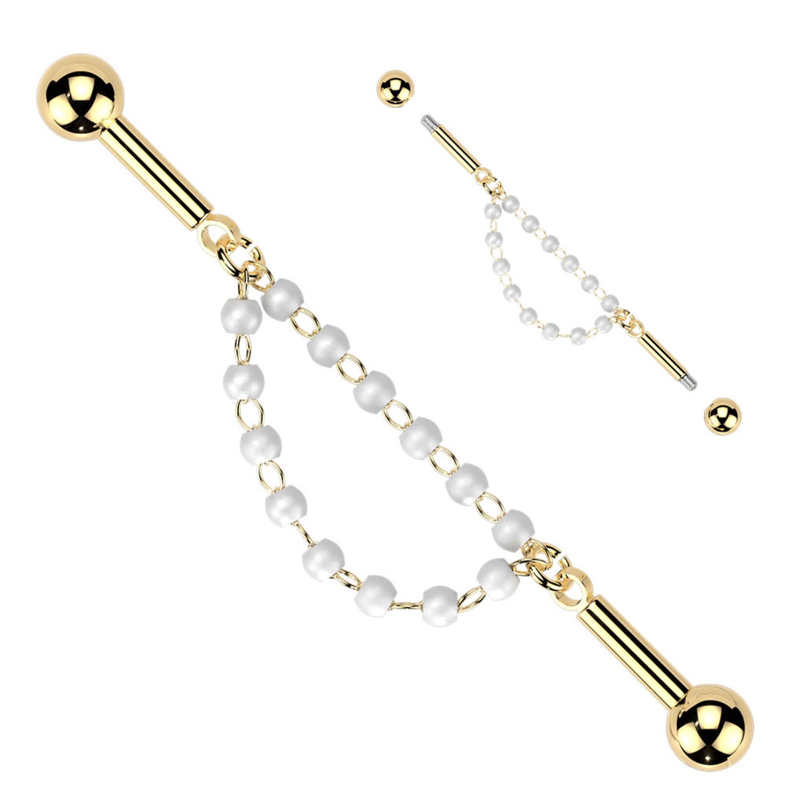 Hollywood Body Jewelry Centered Double Connector Chain Industrial Barbell With Pearls