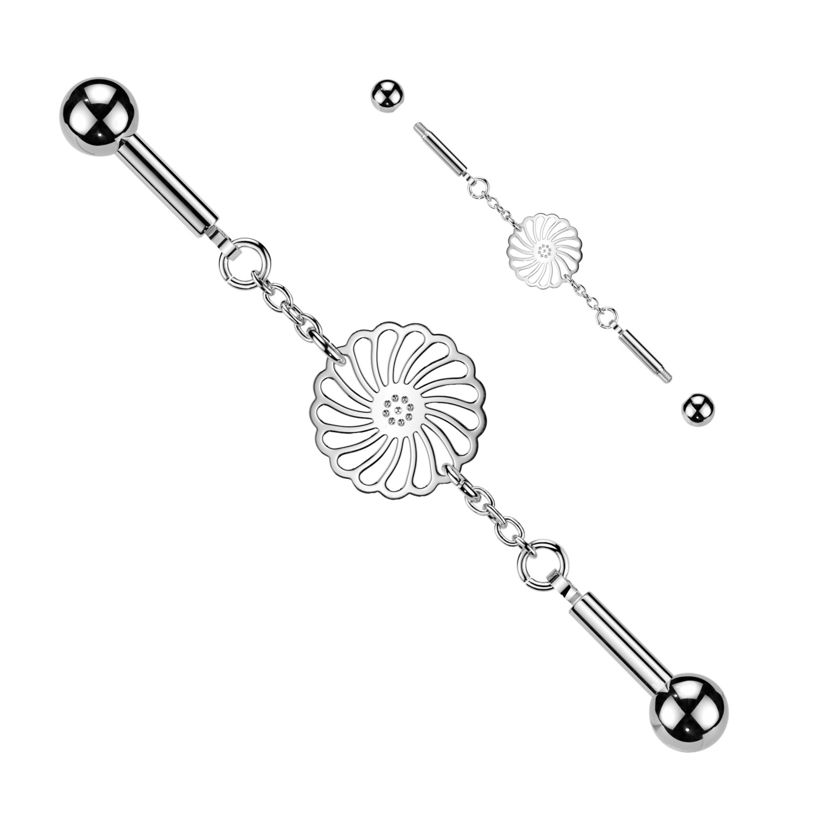 Hollywood Body Jewelry Industrial Barbell With Centered Sunflower Connector Chain
