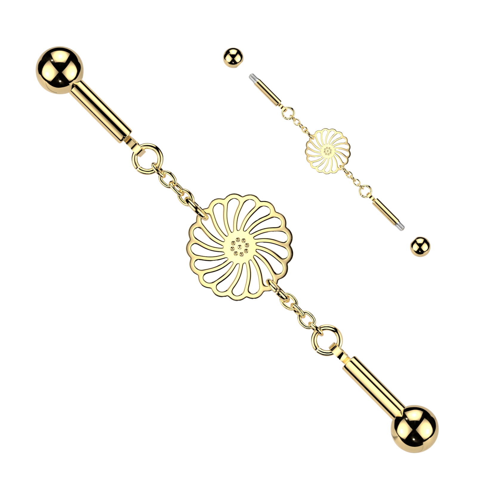 Hollywood Body Jewelry Industrial Barbell With Centered Sunflower Connector Chain
