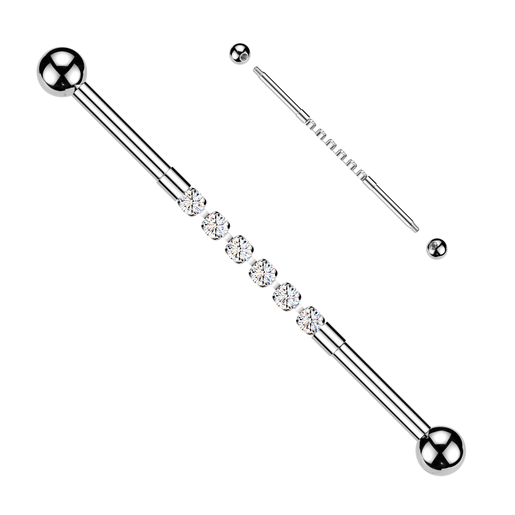Hollywood Body Jewelry Industrial Barbell With Centered 6 Round CZ Connector Chain