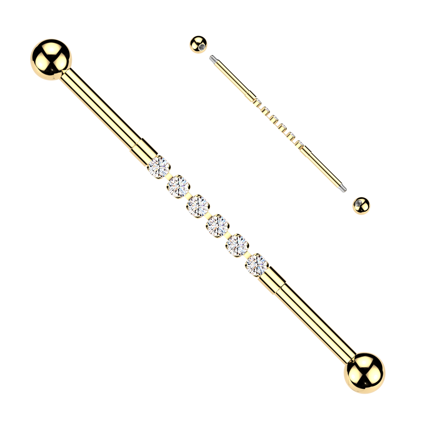 Hollywood Body Jewelry Industrial Barbell With Centered 6 Round CZ Connector Chain