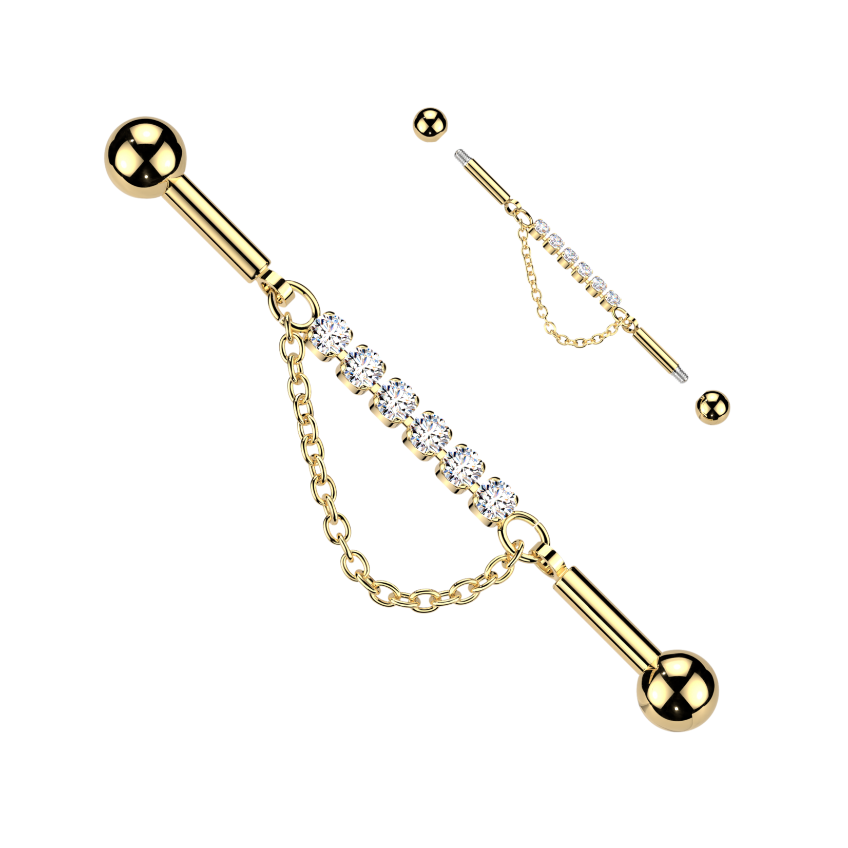 Hollywood Body Jewelry Industrial Barbell With Centered 6 Crystal Connector and Dangle Chain