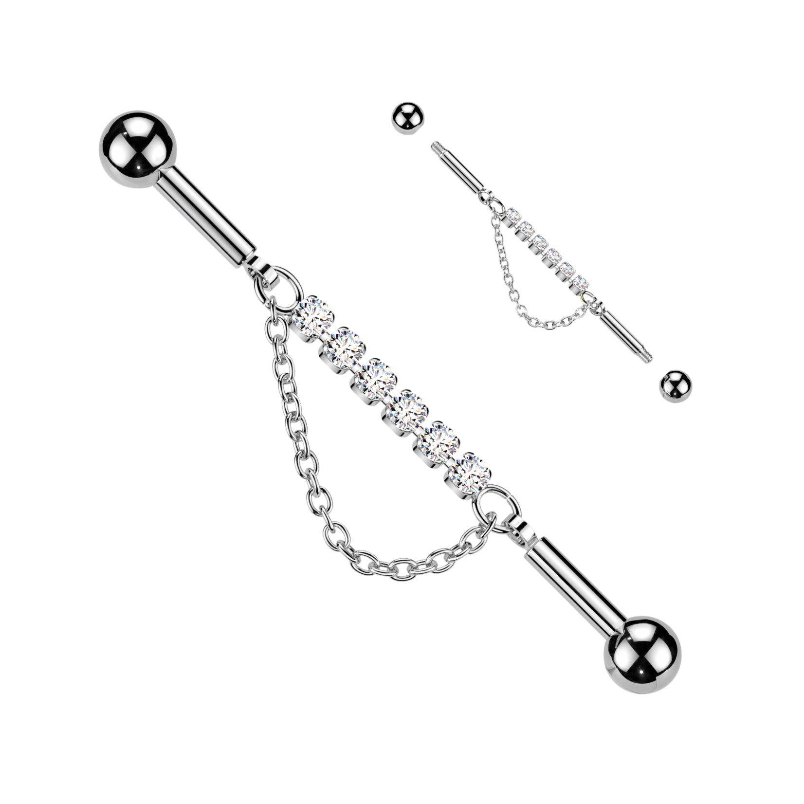 Hollywood Body Jewelry Industrial Barbell With Centered 6 Crystal Connector and Dangle Chain