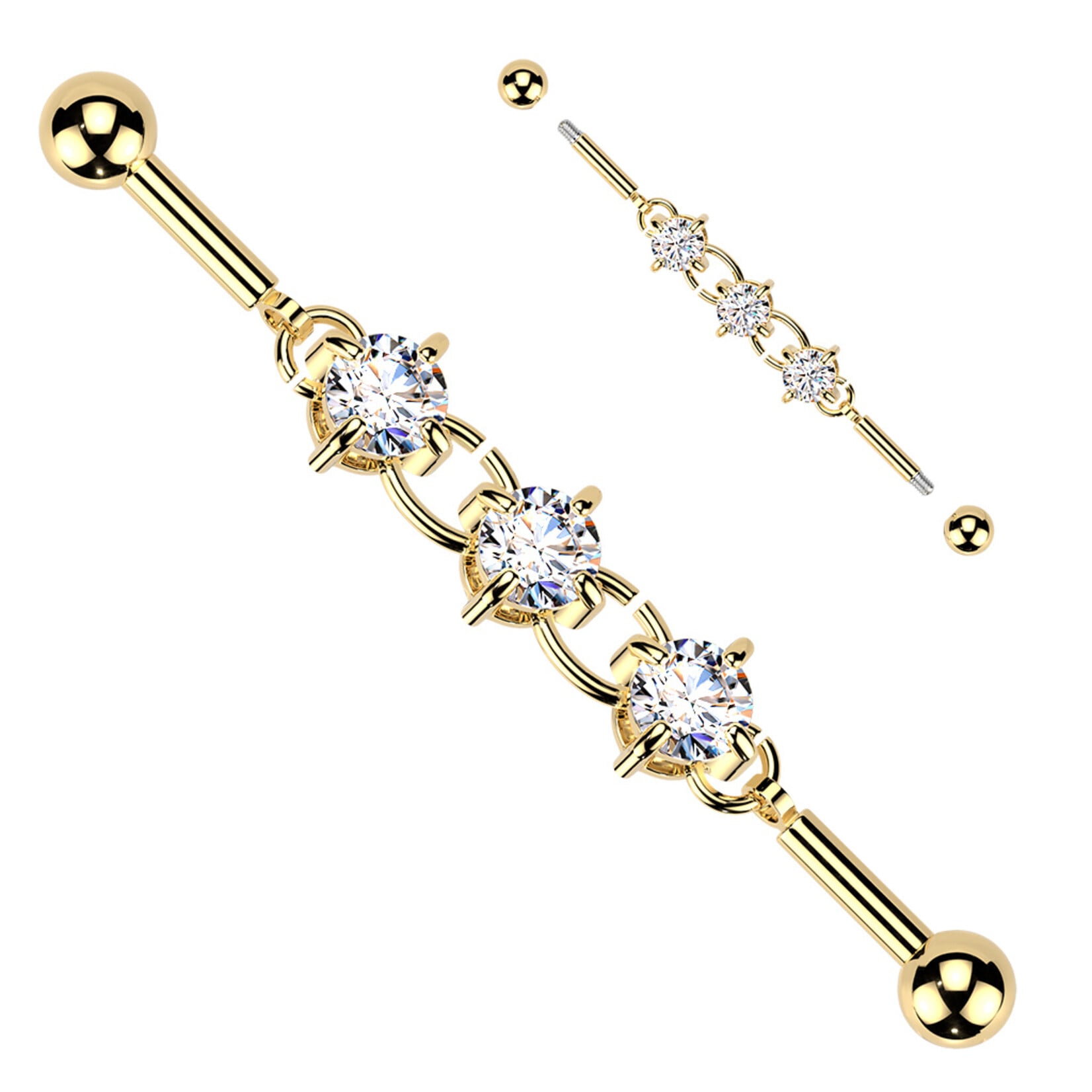 Hollywood Body Jewelry Industrial Barbell With Centered 3 Round Prong Set CZ Connector Chain