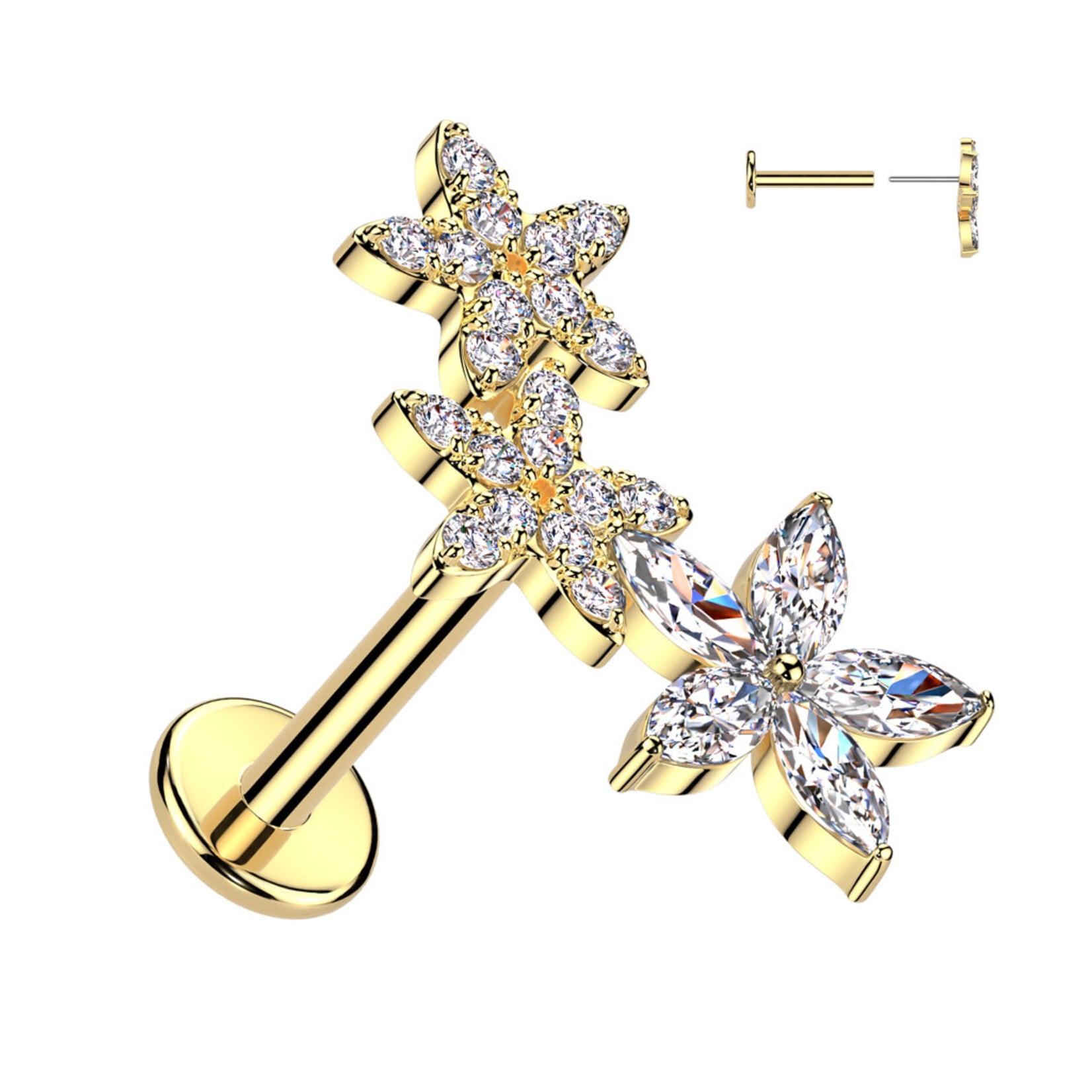 Hollywood Body Jewelry Push-In 3 Crystal Flowers Labret