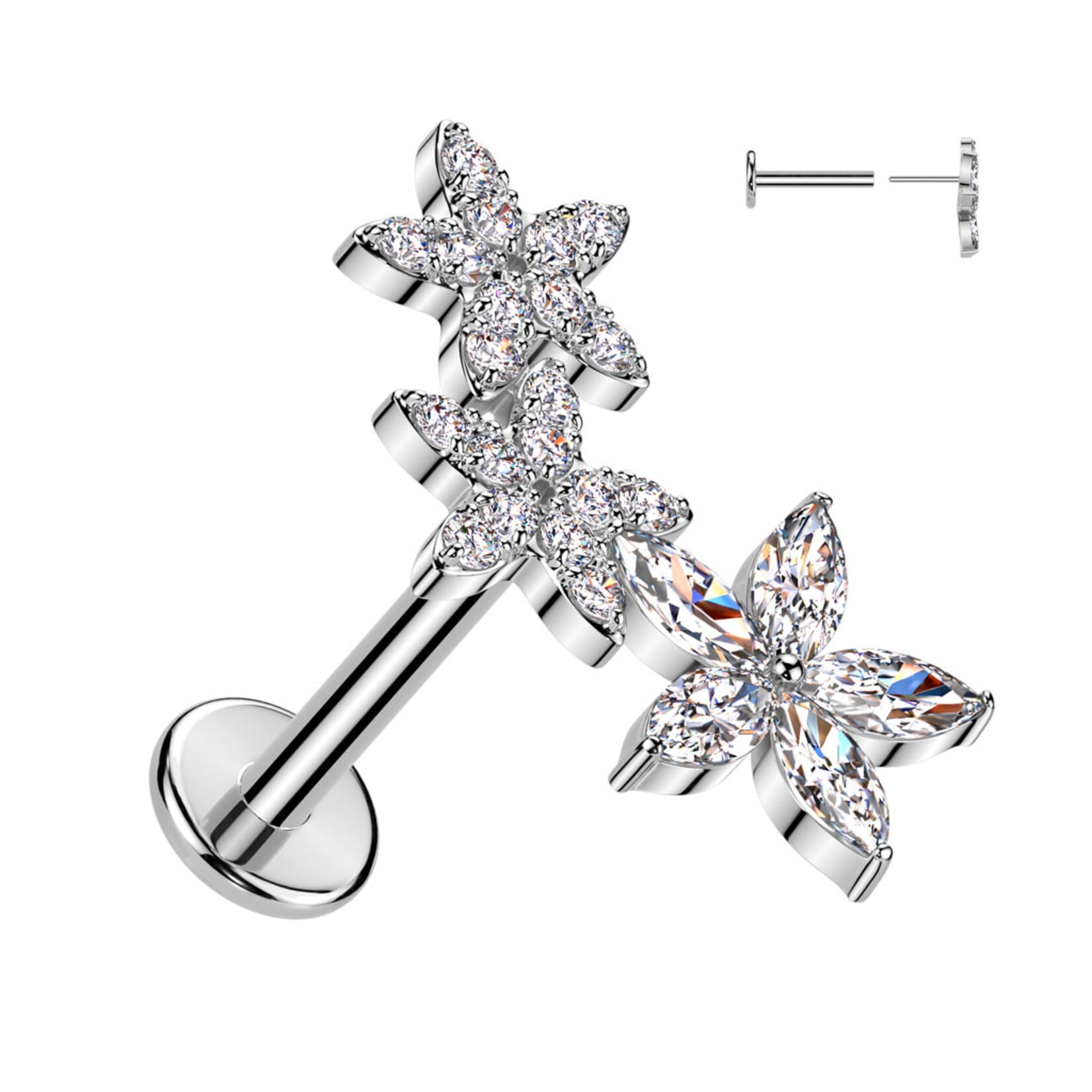 Hollywood Body Jewelry Push-In 3 Crystal Flowers Labret
