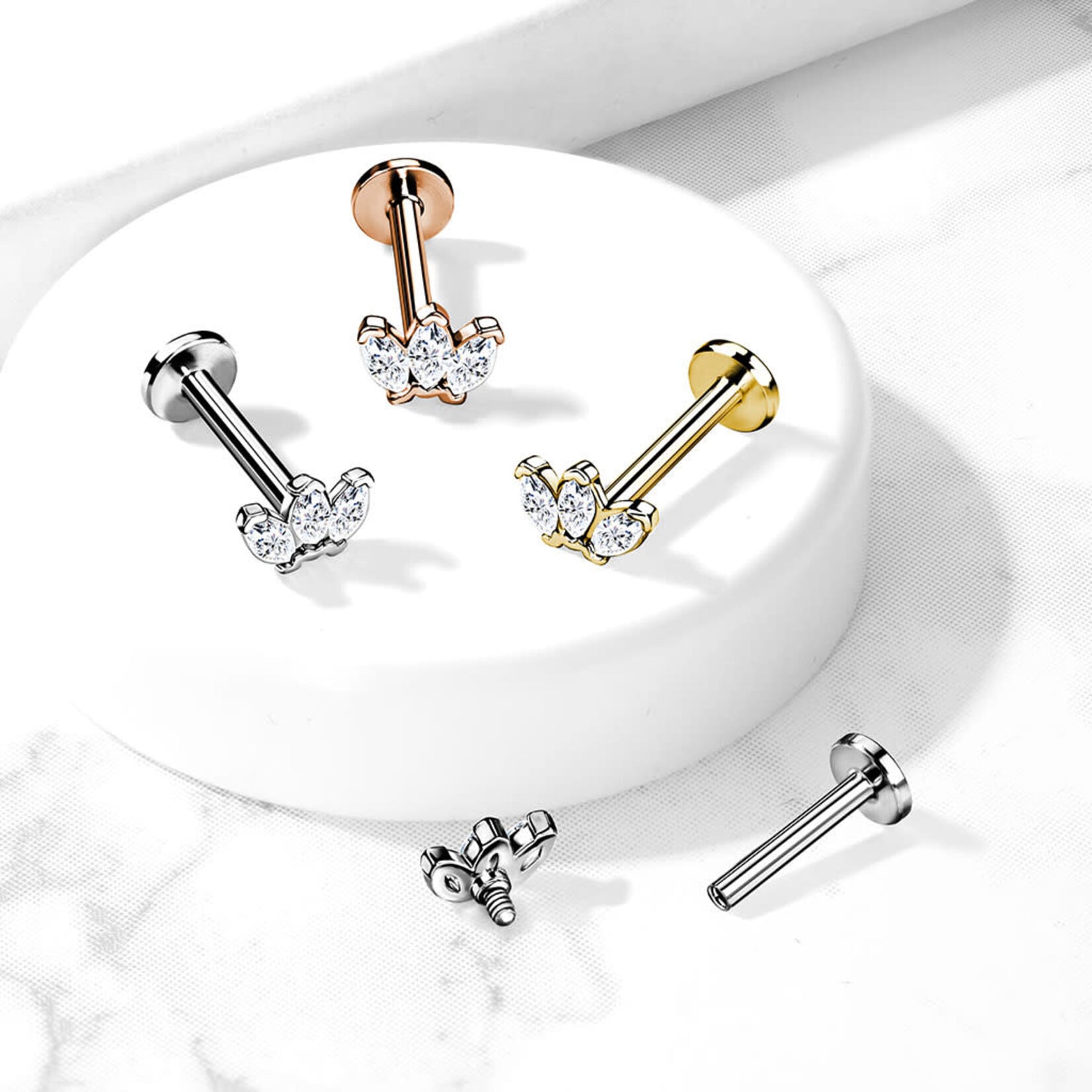 Hollywood Body Jewelry LIA02 Internally Threaded S.S Three Gem Labret