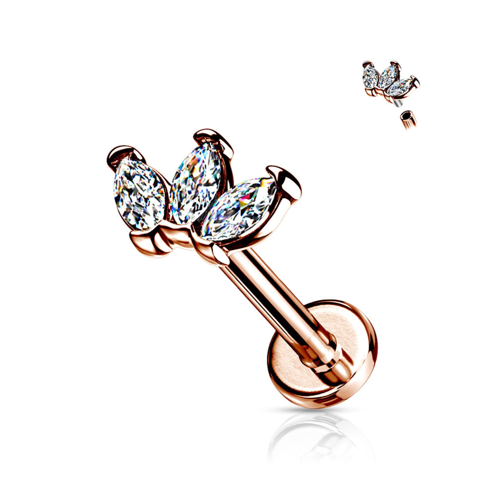 Hollywood Body Jewelry LIA02 Internally Threaded S.S Three Gem Labret