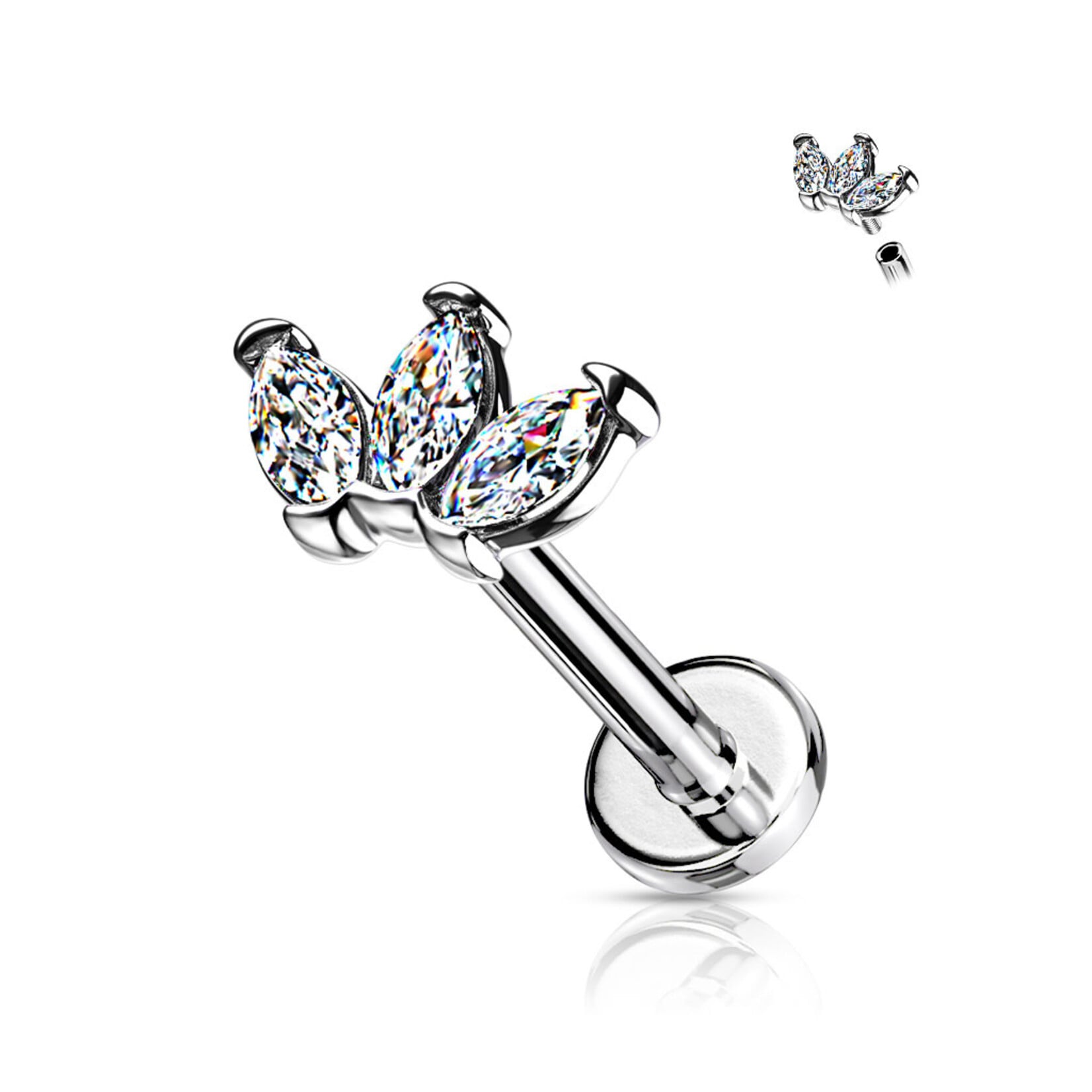 Hollywood Body Jewelry LIA02 Internally Threaded S.S Three Gem Labret