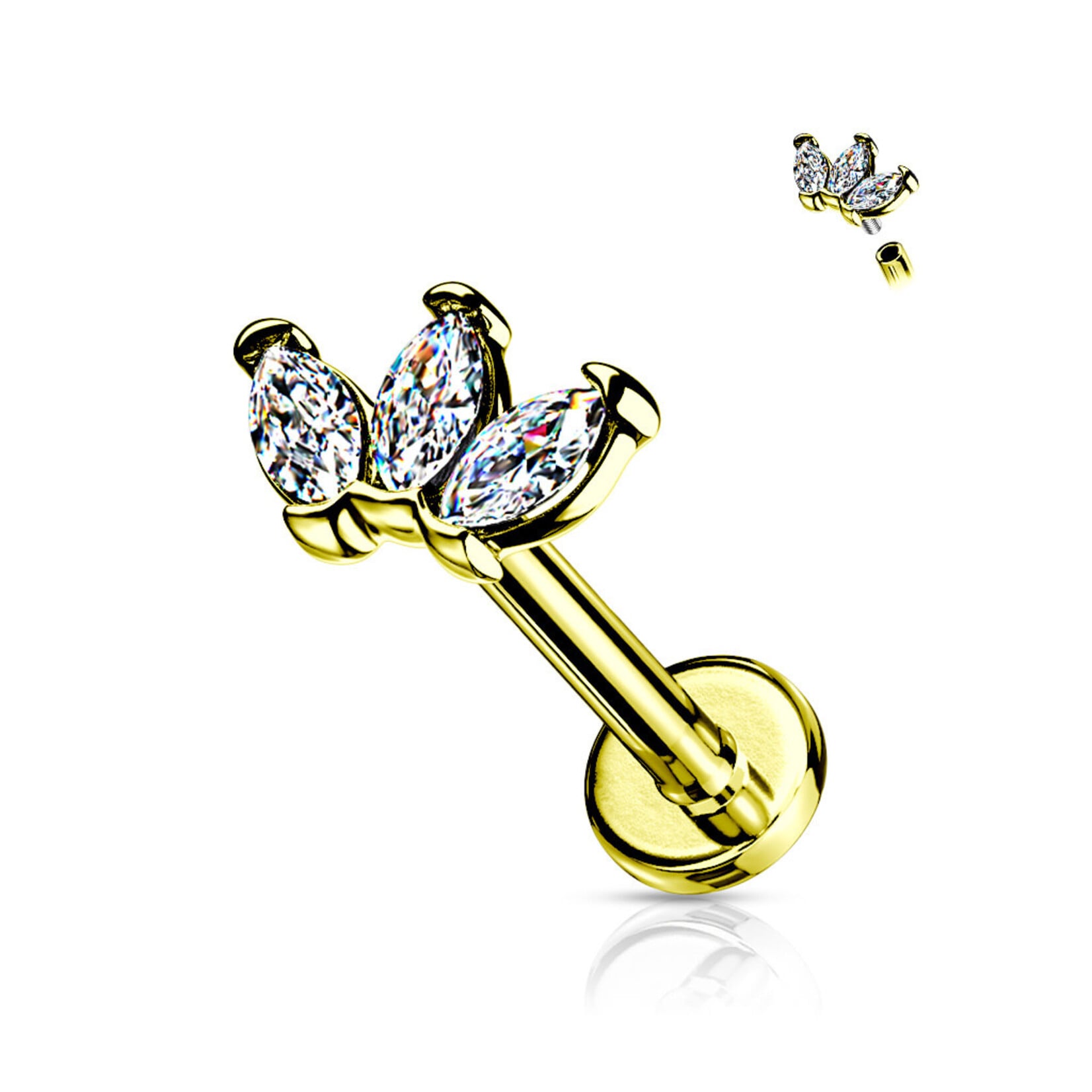 Hollywood Body Jewelry LIA02 Internally Threaded S.S Three Gem Labret